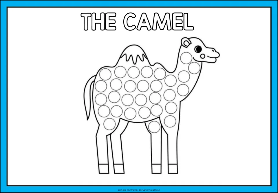 Finger-painting activity labeled 'The Camel,' featuring a one-humped camel with circular spaces to fill