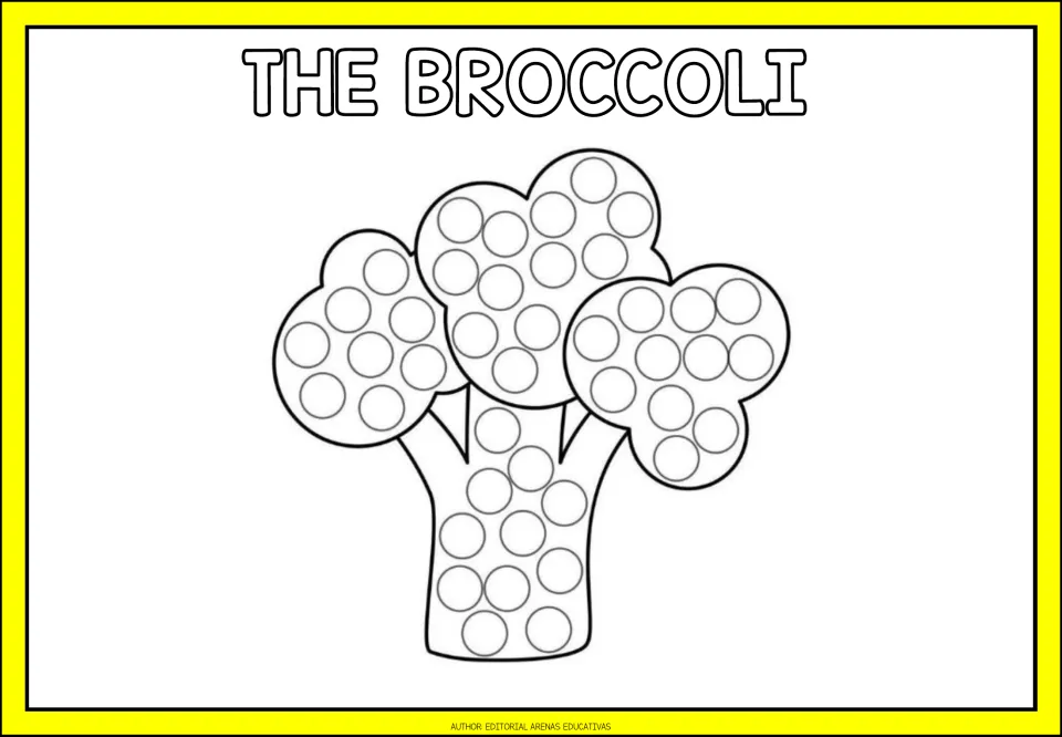Finger-painting activity labeled 'The Broccoli,' featuring broccoli with circles across its florets and stalk