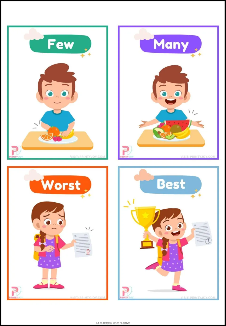 Opposites flashcards 1–4: Few, Many, Worst, and Best, illustrated with fruit quantities and school results
