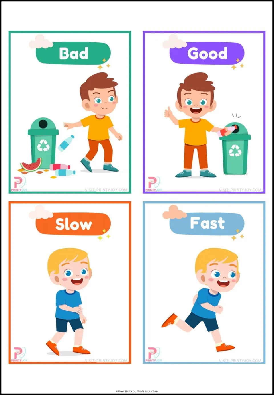 Opposites flashcards 5–8: Bad, Good, Slow, and Fast, showing littering, using a bin, walking, and running