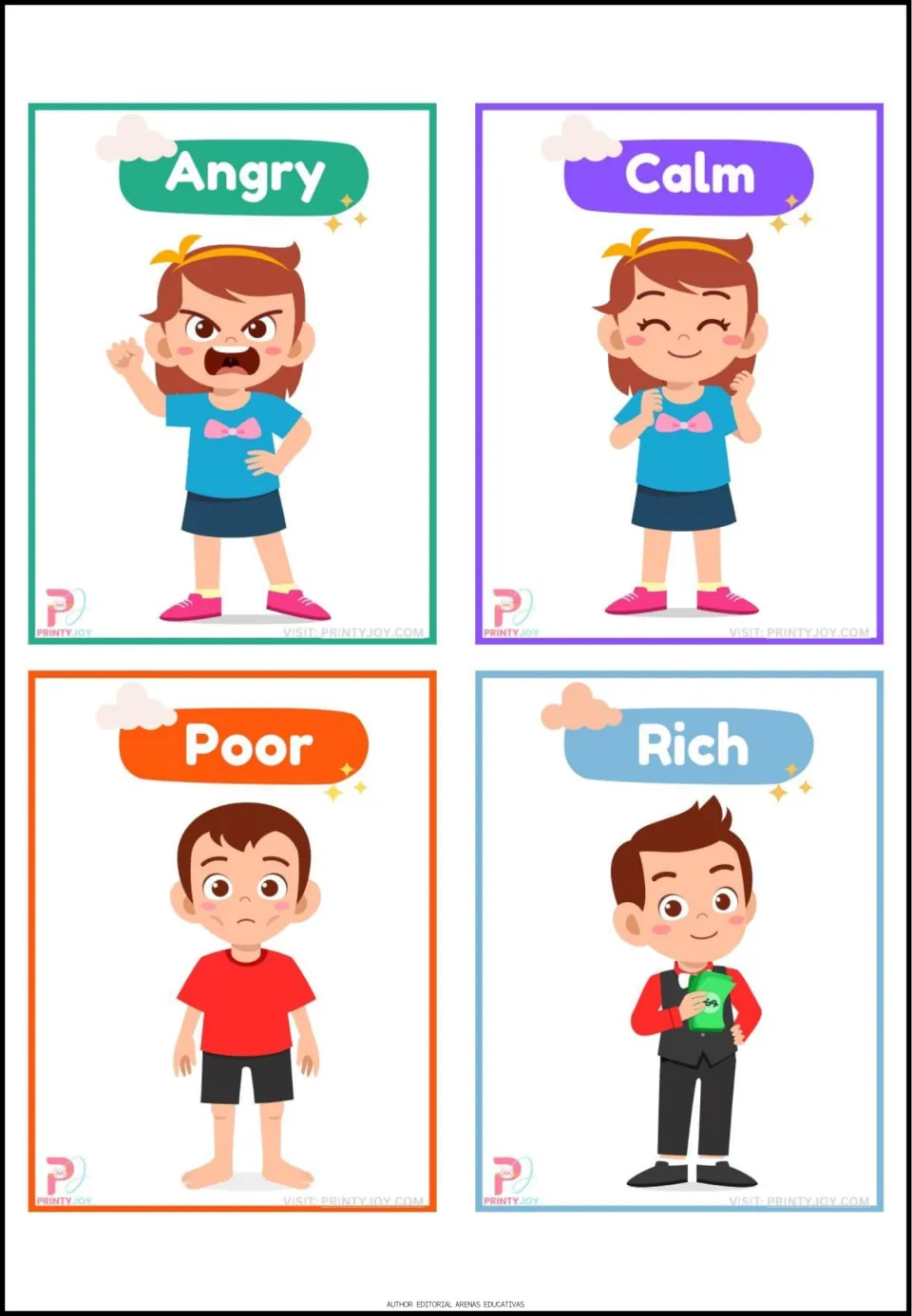 Opposites flashcards 9–12: Angry, Calm, Poor, and Rich, with children illustrating feelings and wealth