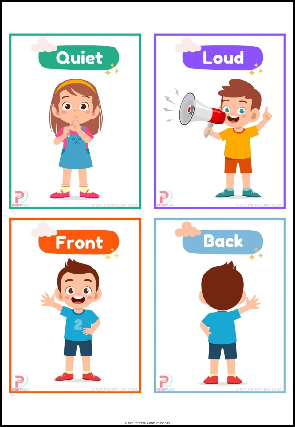Opposites flashcards 13–16: Quiet, Loud, Front, and Back, showing sound levels and views of a child