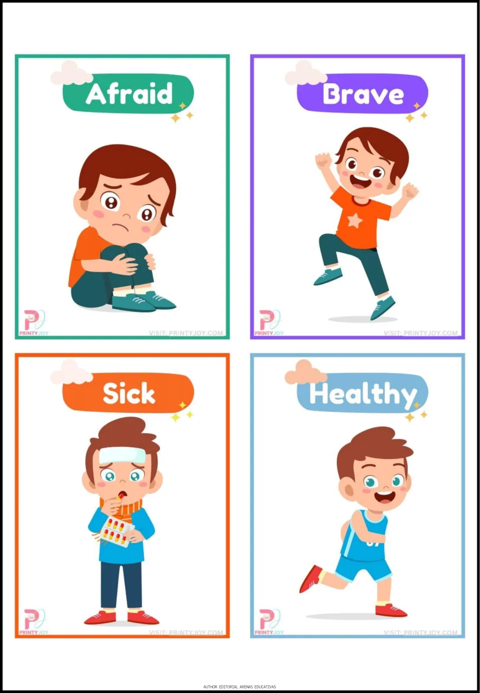 Opposites flashcards 17–20: Afraid, Brave, Sick, and Healthy, with children illustrating each vocabulary word