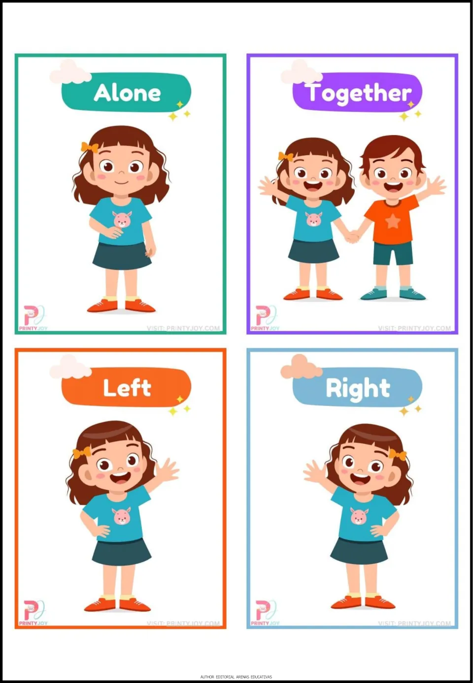 Opposites flashcards 21–24: Alone, Together, Left, and Right, showing companionship and raised hands