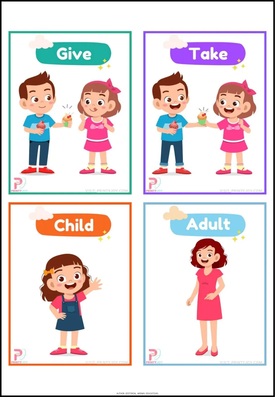 Opposites flashcards 25–28: Give, Take, Child, and Adult, showing a cupcake exchange and two age groups