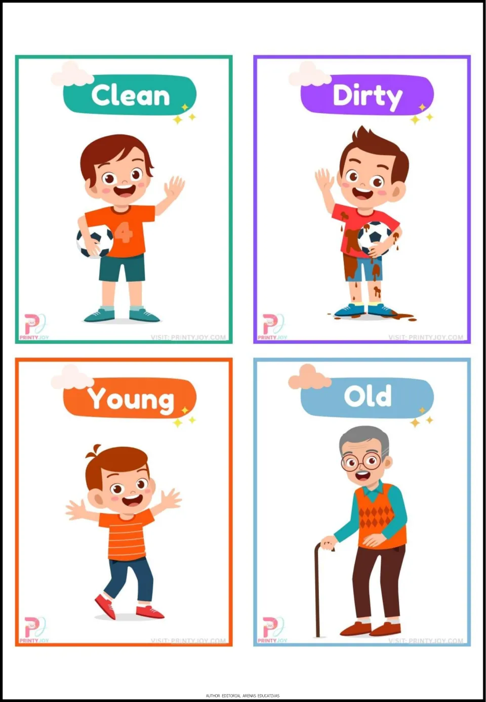 Opposites flashcards 29–32: Clean, Dirty, Young, and Old, showing soccer players, a child, and an older man