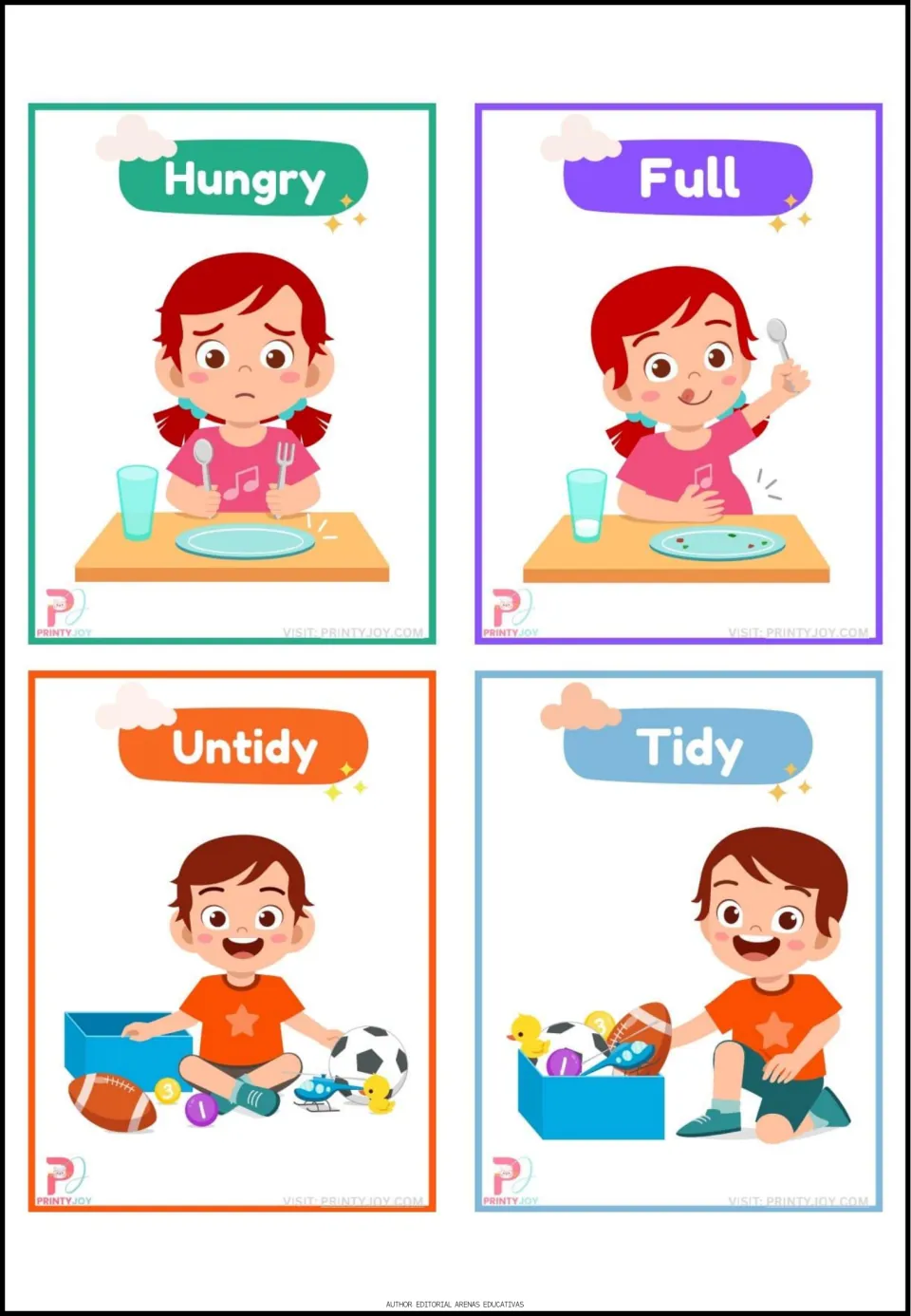 Opposites flashcards 33–36: Hungry, Full, Untidy, and Tidy, showing mealtime and scattered or stored toys