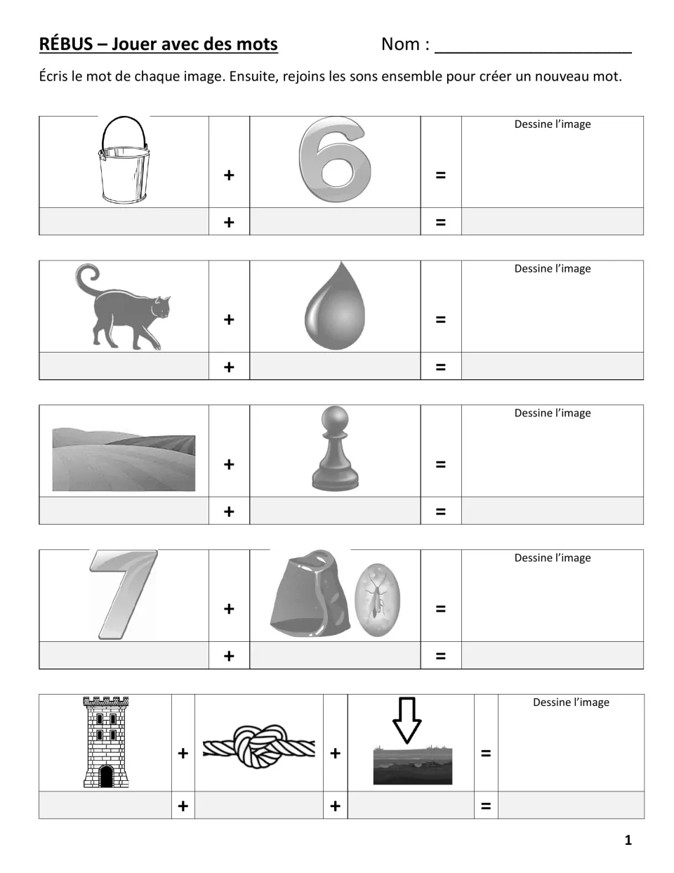 French picture rebus: students name a bucket, a 6, a cat and a drop, then blend the sounds into new words and draw them