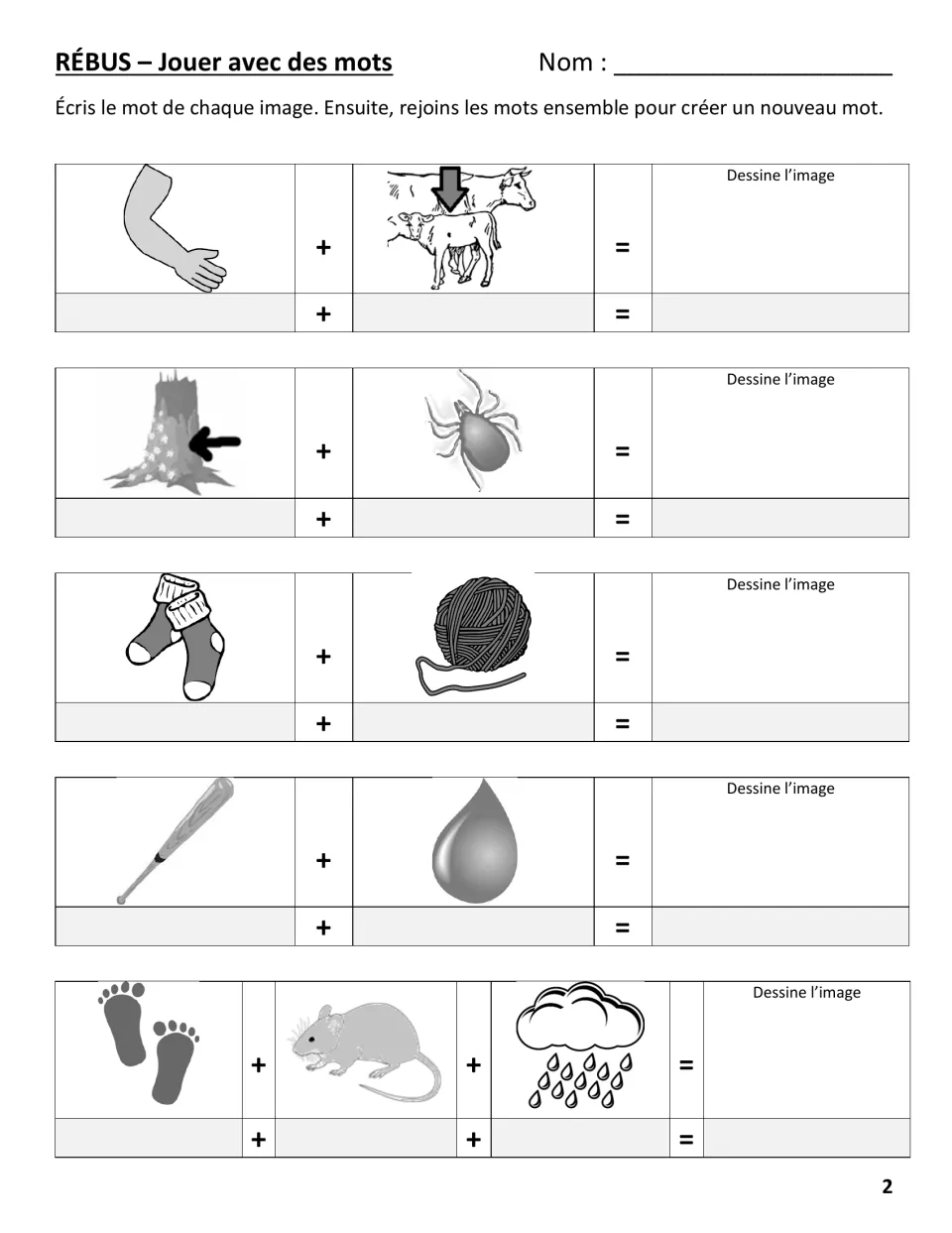 French rebus puzzles: students write the word for an arm, calves, socks, yarn and a bat, then join them to form new words