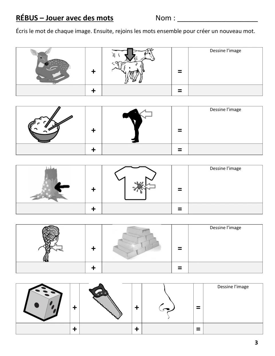 French word-play rebus: students name a fawn, rice bowl, braid, gold bars, a die and a saw, then combine them into words
