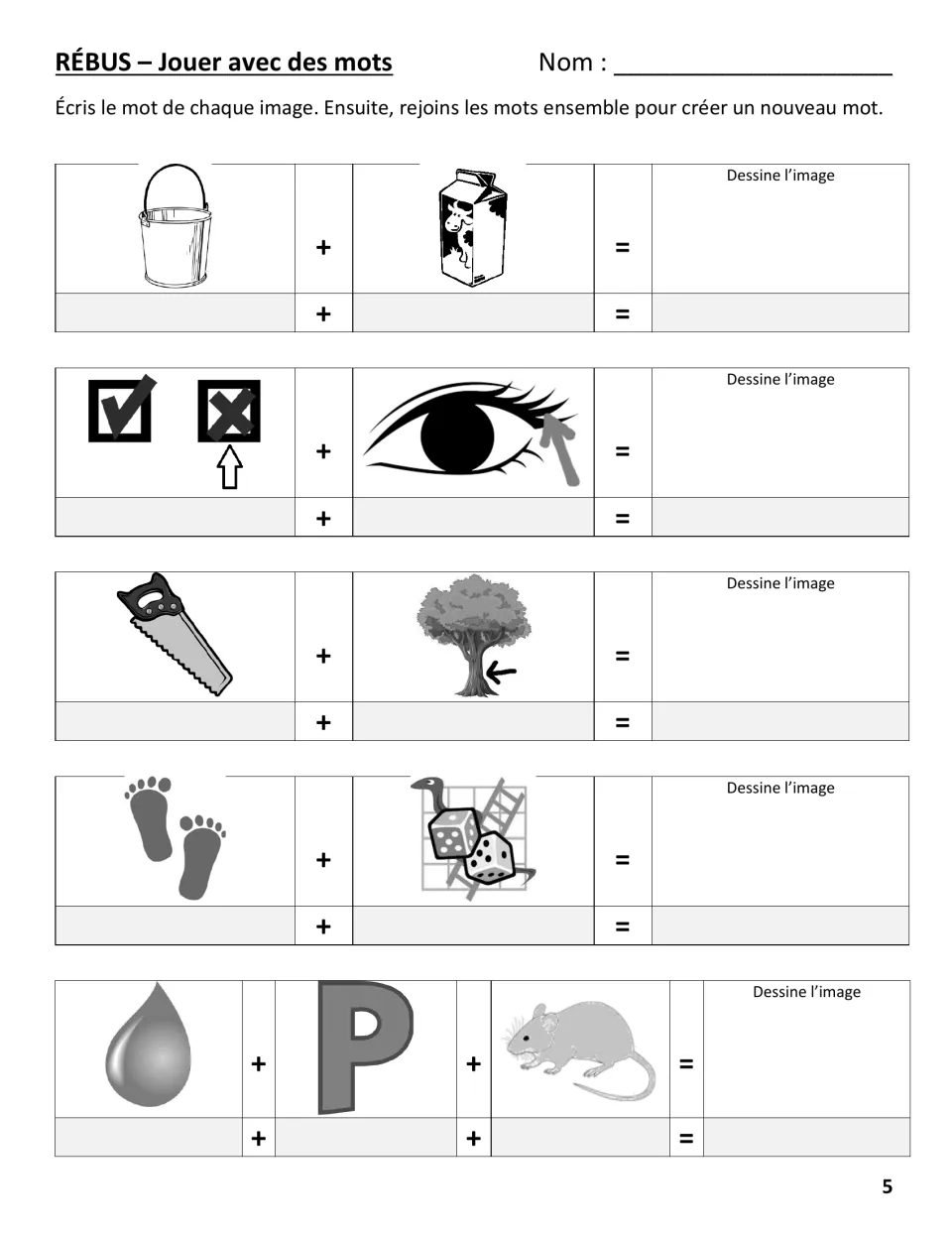 French sound-blending rebus: students name a bucket, milk carton, eye, saw and tree, combine the words and draw the result