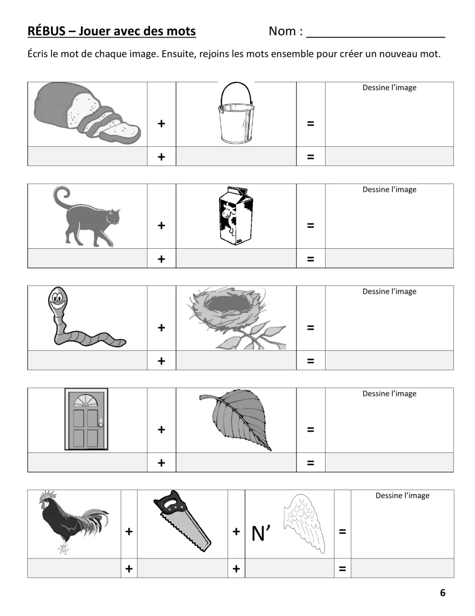 French rebus set with bread, bucket, worm, nest, door, leaf and rooster pictures; students join the words and draw each one