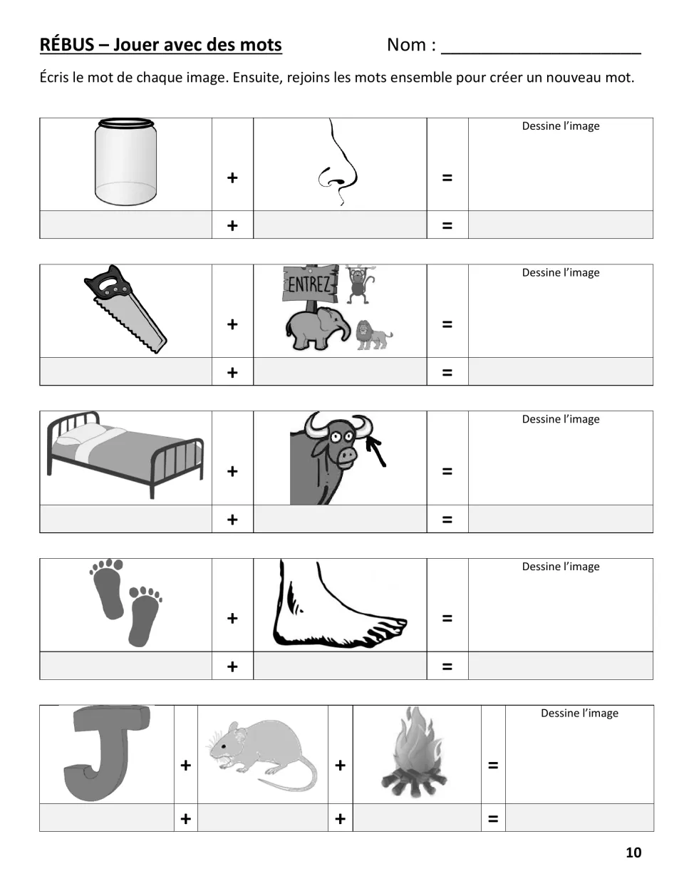 French picture puzzles: students name a jar, nose, saw, zoo, bed, horn and fire, blend the words and sketch the new word