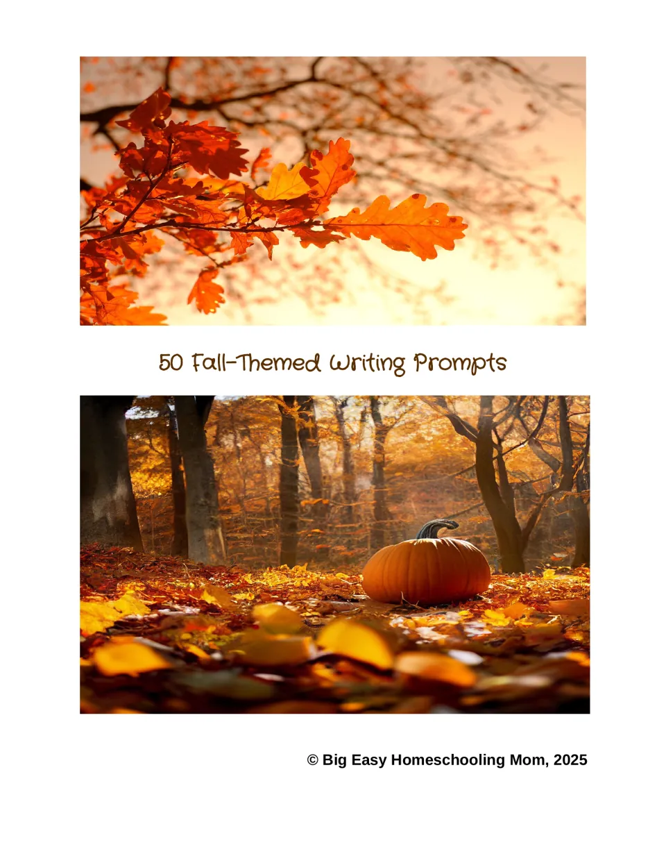 Cover of 50 Fall-Themed Writing Prompts showing orange oak leaves and a pumpkin on a leafy forest floor