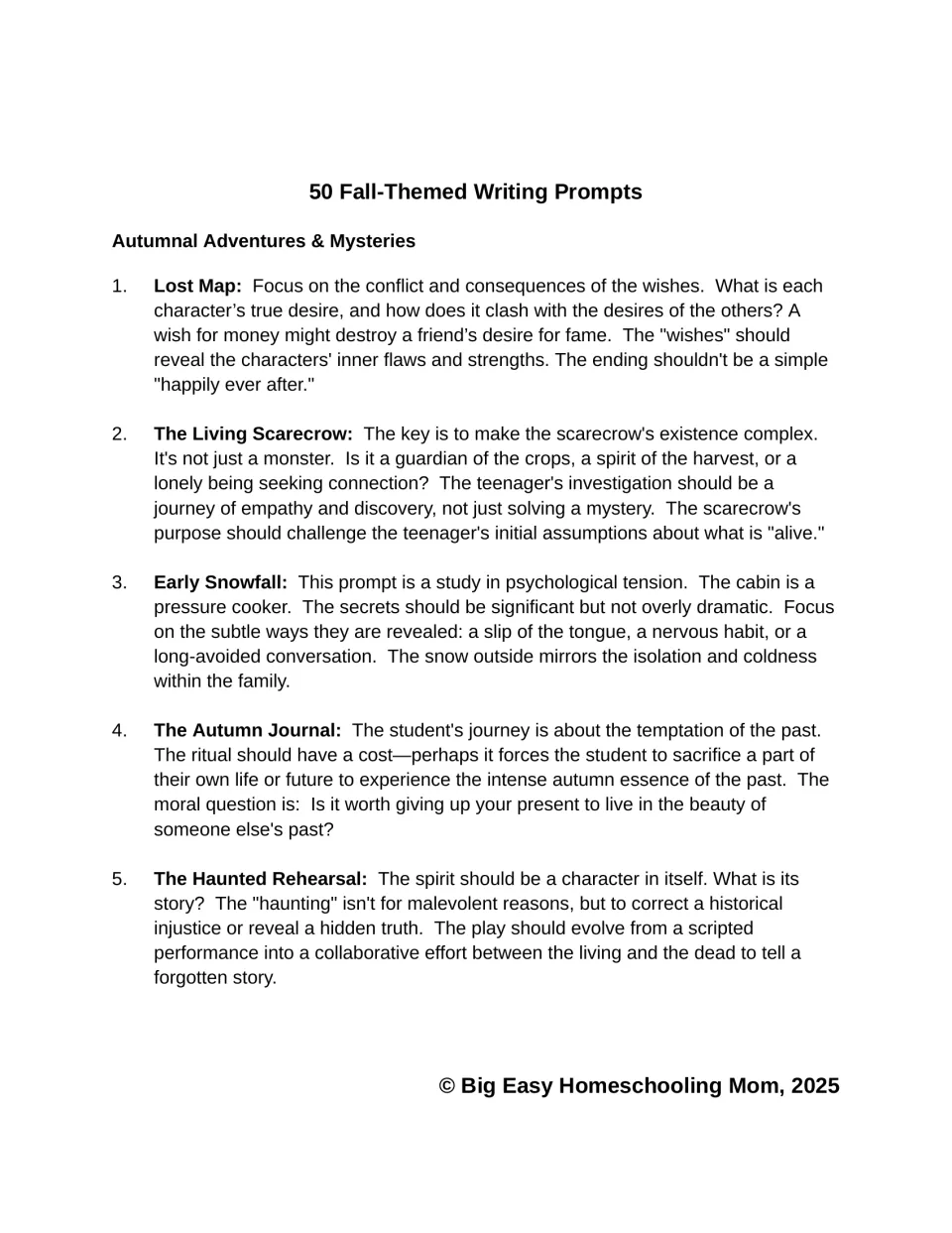 Autumnal Adventures & Mysteries: guidance notes for prompts 1-5, such as Lost Map and The Living Scarecrow