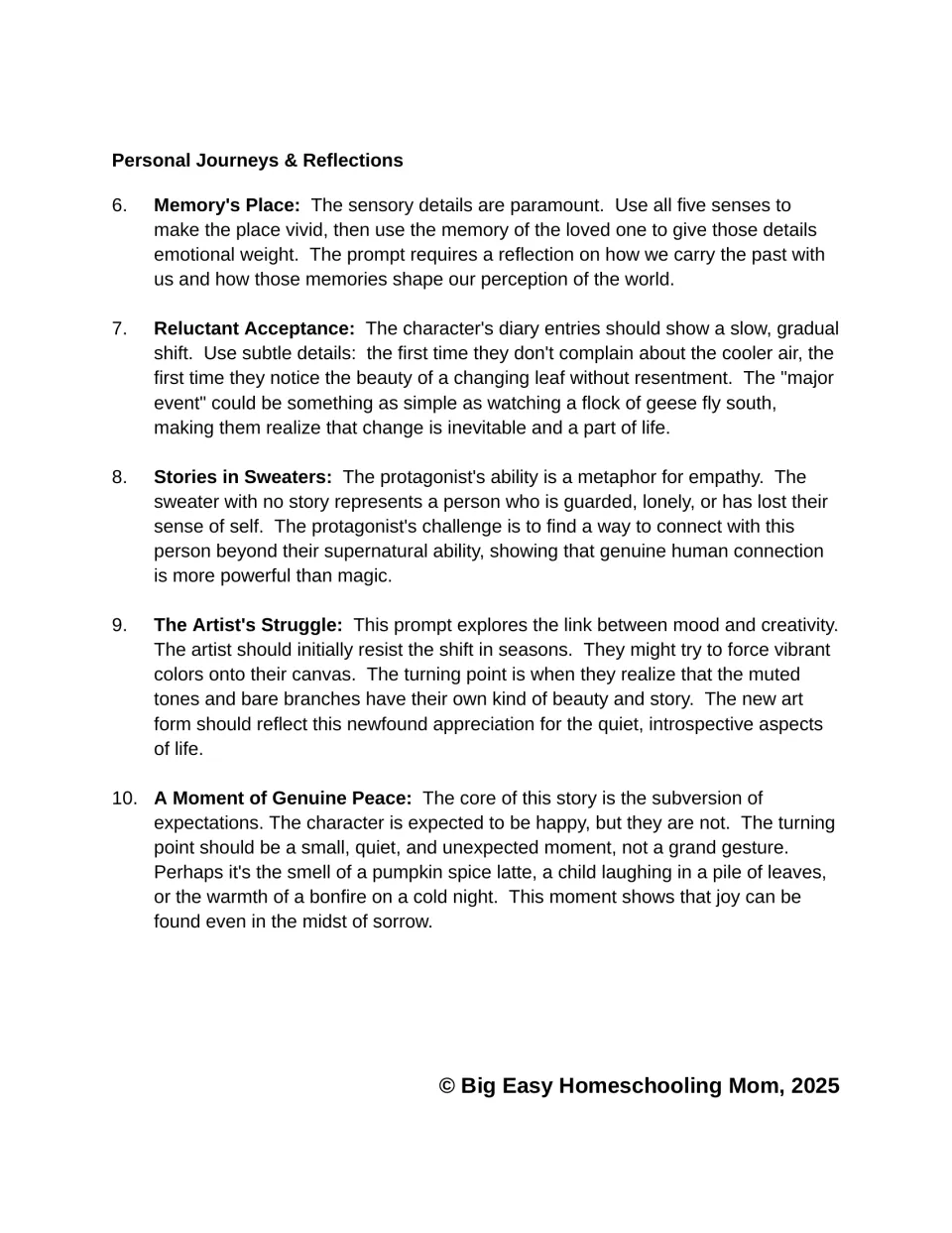 Personal Journeys & Reflections: guidance for prompts 6-10 on sensory detail, diary entries and turning points