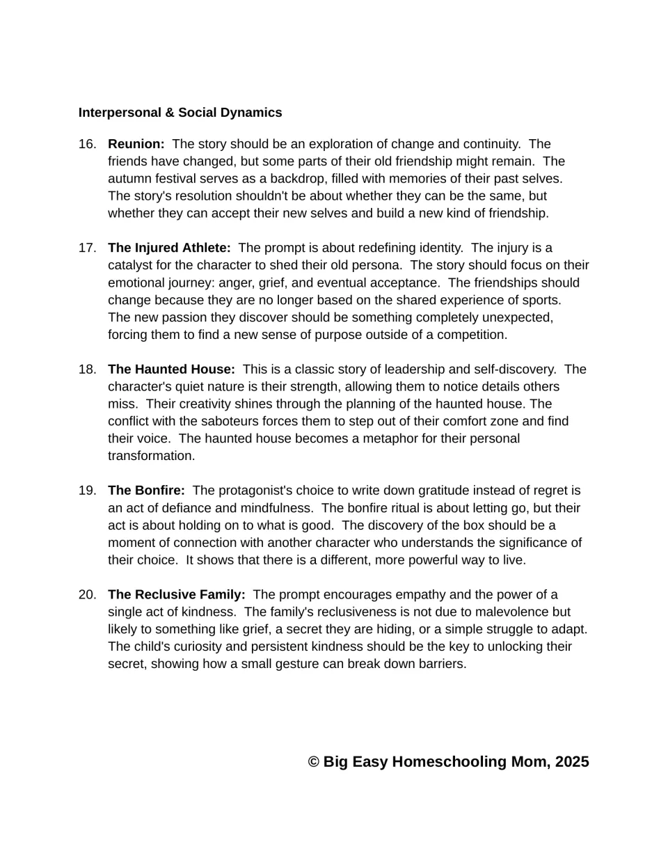 Interpersonal & Social Dynamics: prompts 16-20 on friendship, identity and kindness, such as Reunion and The Bonfire