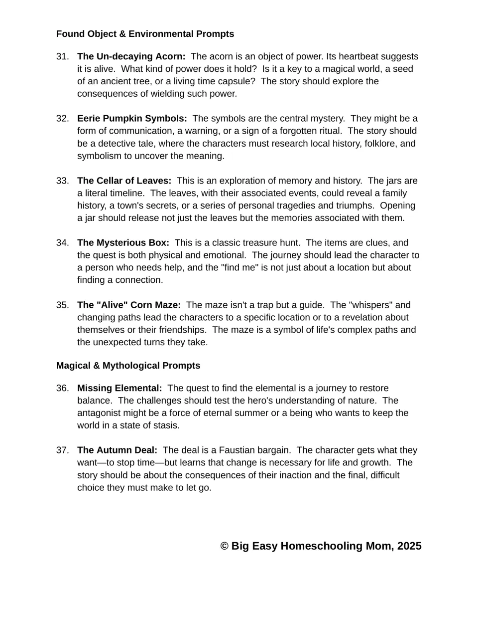 Found Object & Environmental prompts 31-35, then Magical & Mythological prompts 36-37 such as The Autumn Deal