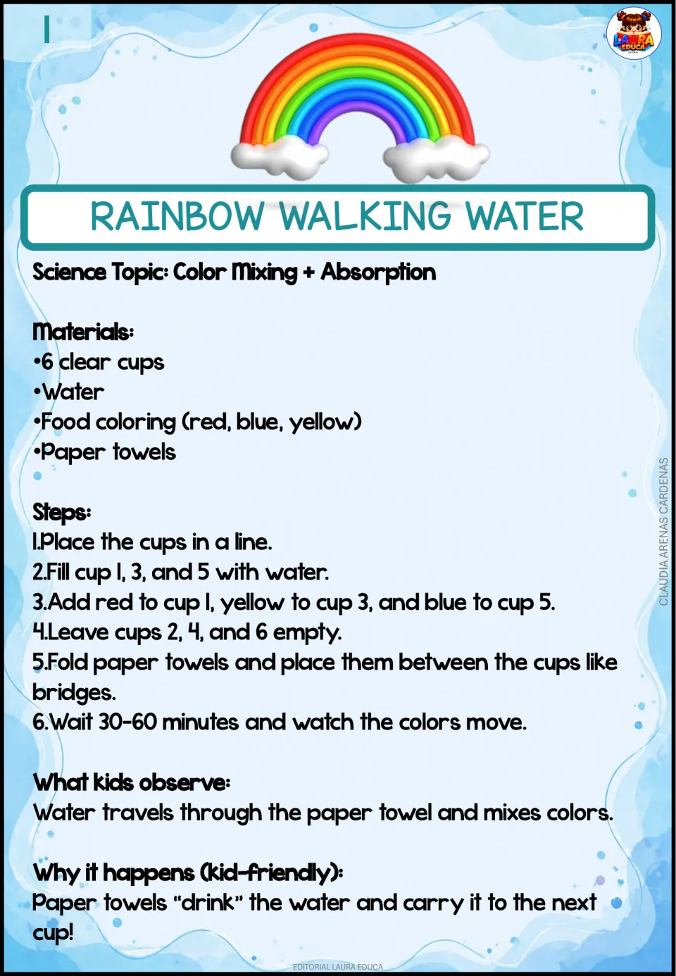Rainbow walking water: kids watch red, yellow and blue water travel along paper towel bridges between 6 cups to mix colors