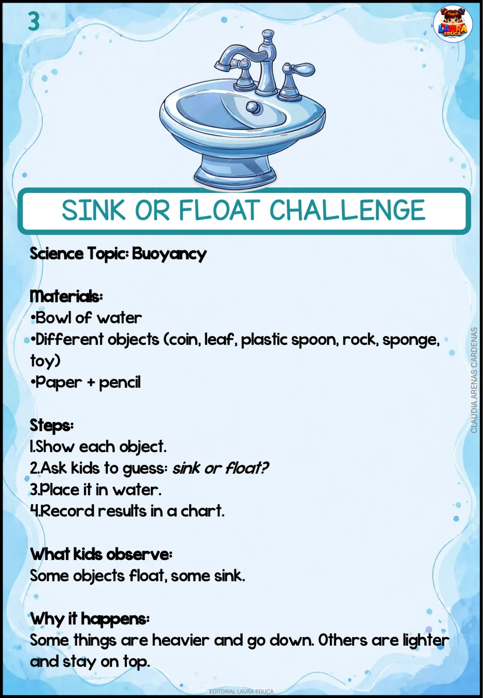 Sink or float challenge: kids guess whether a coin, leaf, spoon, rock, sponge and toy will sink, then test and chart results