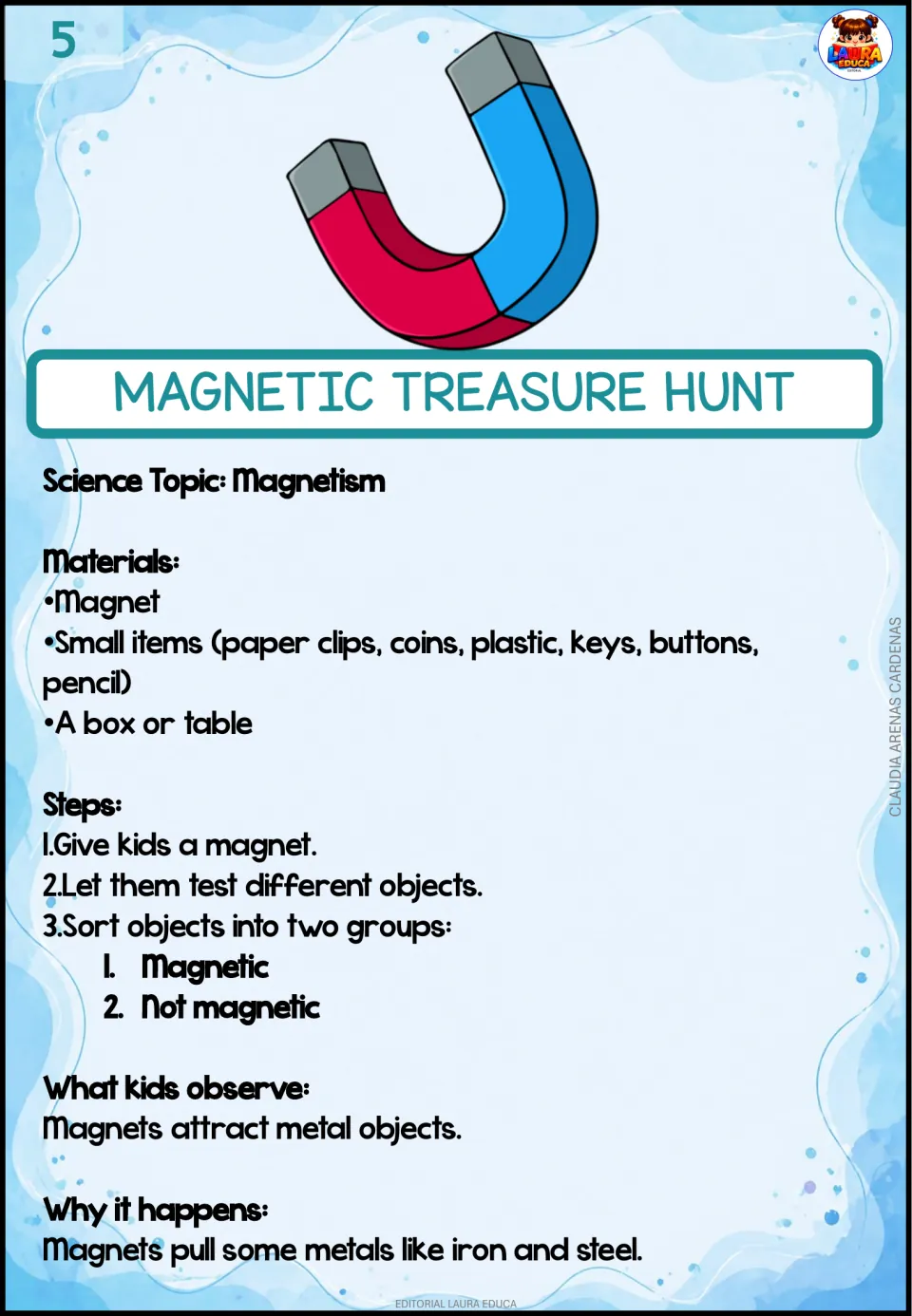 Magnetic treasure hunt: kids test paper clips, coins, keys, buttons and more with a magnet and sort them as magnetic or not