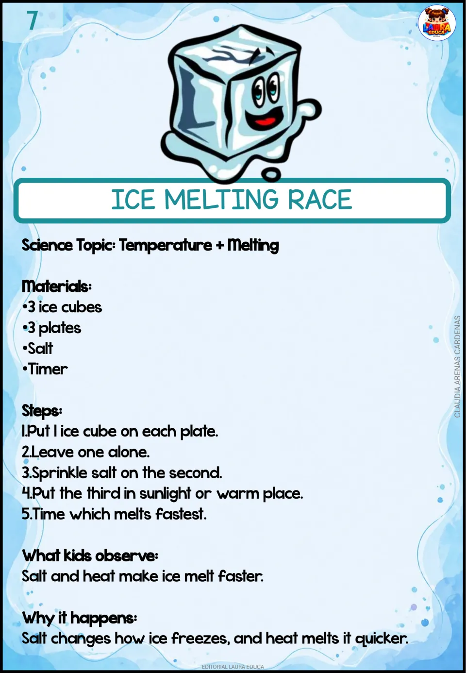Ice melting race: kids time three ice cubes, one plain, one salted and one in sunlight, to see which melts fastest