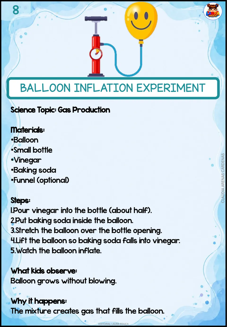 Balloon inflation experiment: kids tip baking soda from a balloon into vinegar in a bottle and watch gas inflate the balloon