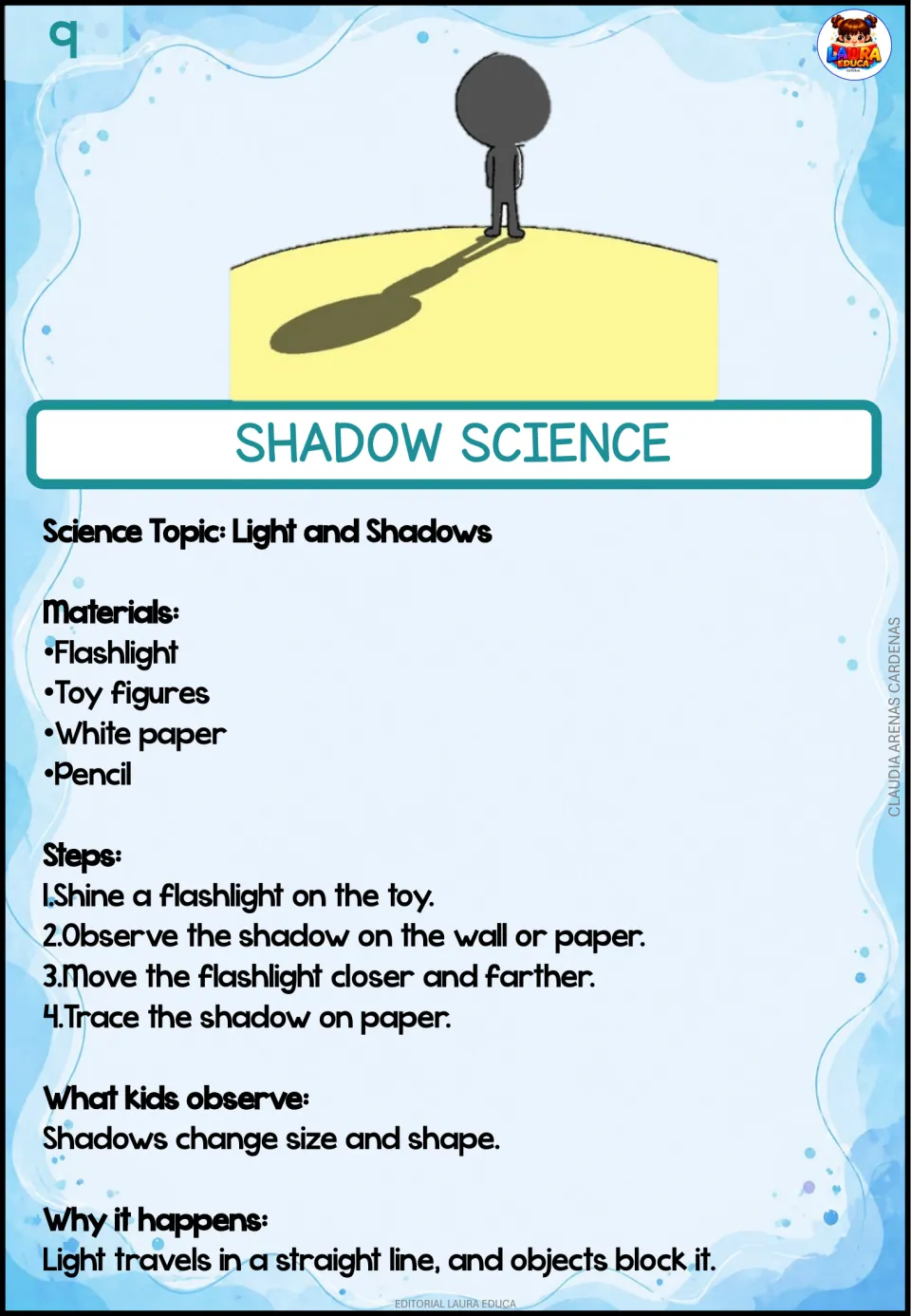 Shadow science: kids shine a flashlight on toy figures, move it closer and farther, and trace how the shadow changes size