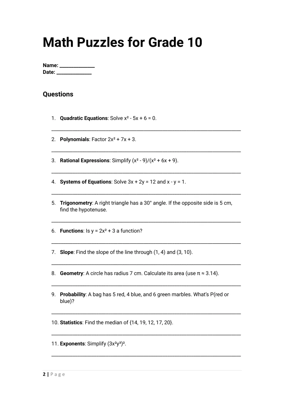 Mixed algebra review, questions 1 to 11: students solve a quadratic, factor, find slope, circle area, median and probability