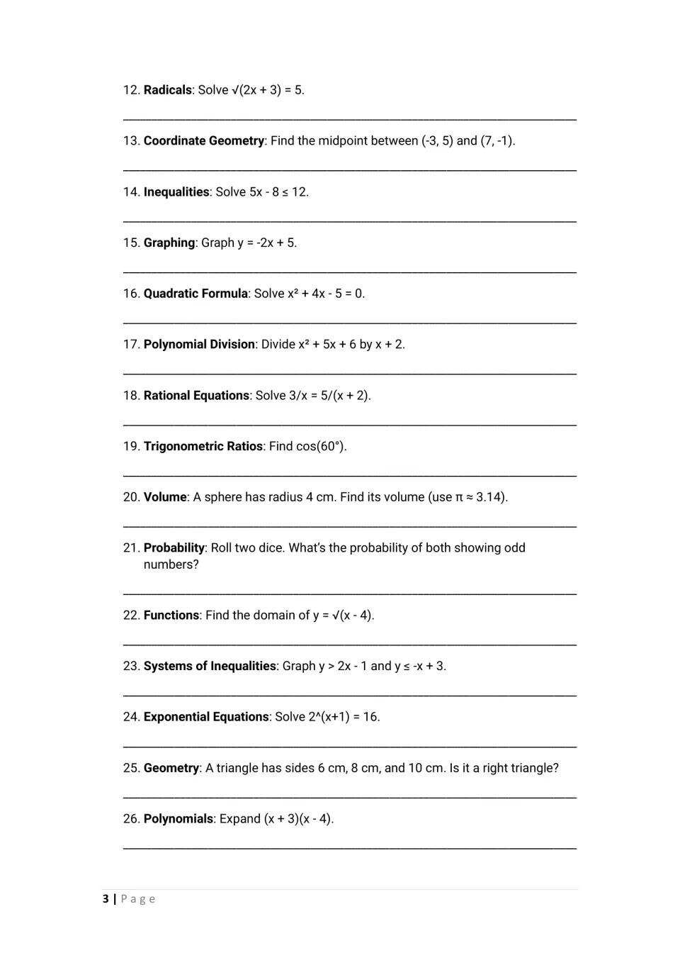 Questions 12 to 26: students solve radical, rational and exponential equations, graph lines and inequalities, find volume