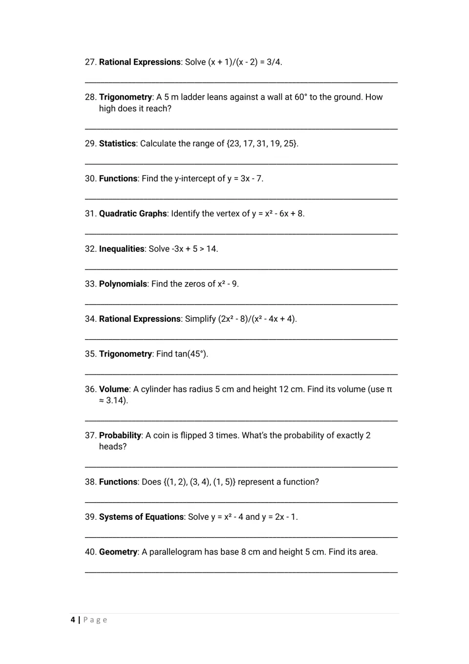 Questions 27 to 40: students find a quadratic vertex, tan 45°, cylinder volume, coin-flip probability and parallelogram area