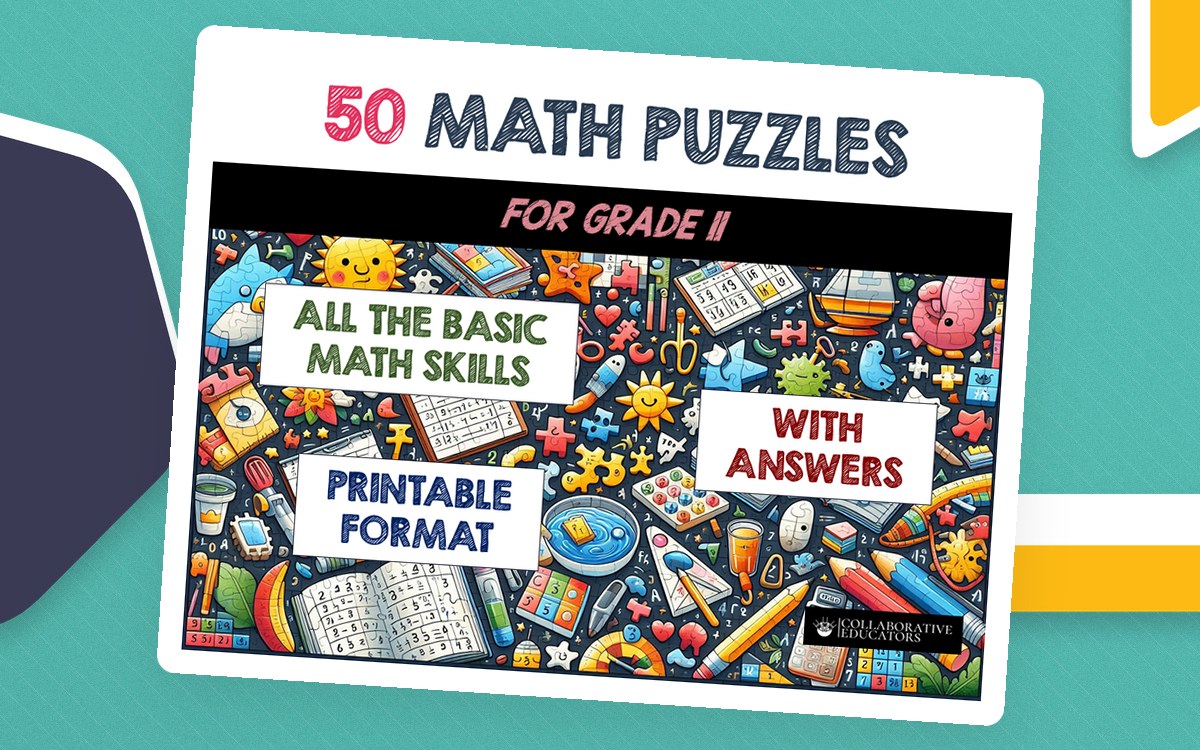 50 Math Puzzles for Grade 11 cover with STEM doodles and answers callout.