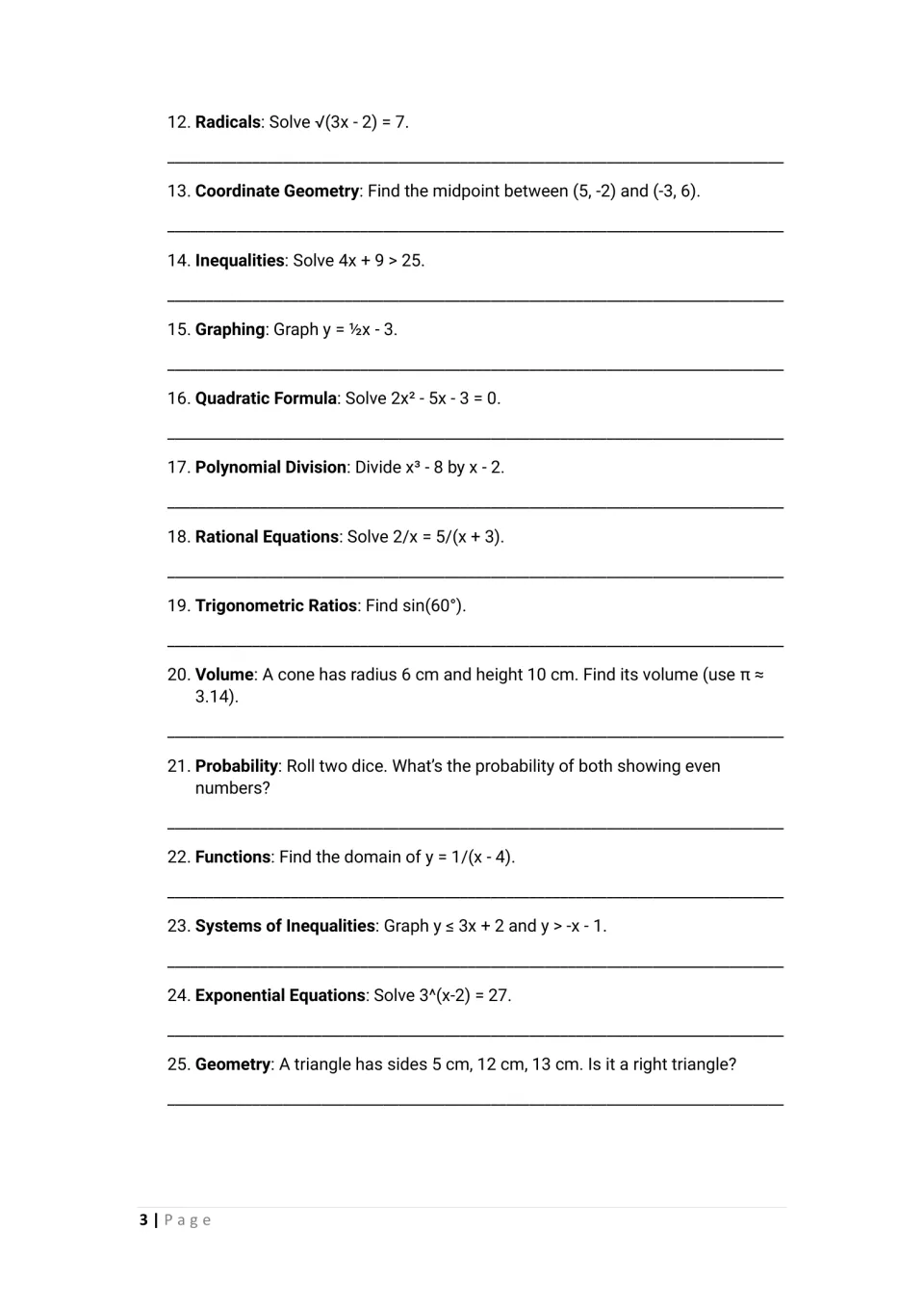 Questions 12-25: students solve radical, rational and exponential equations, graph lines and inequalities, find volume