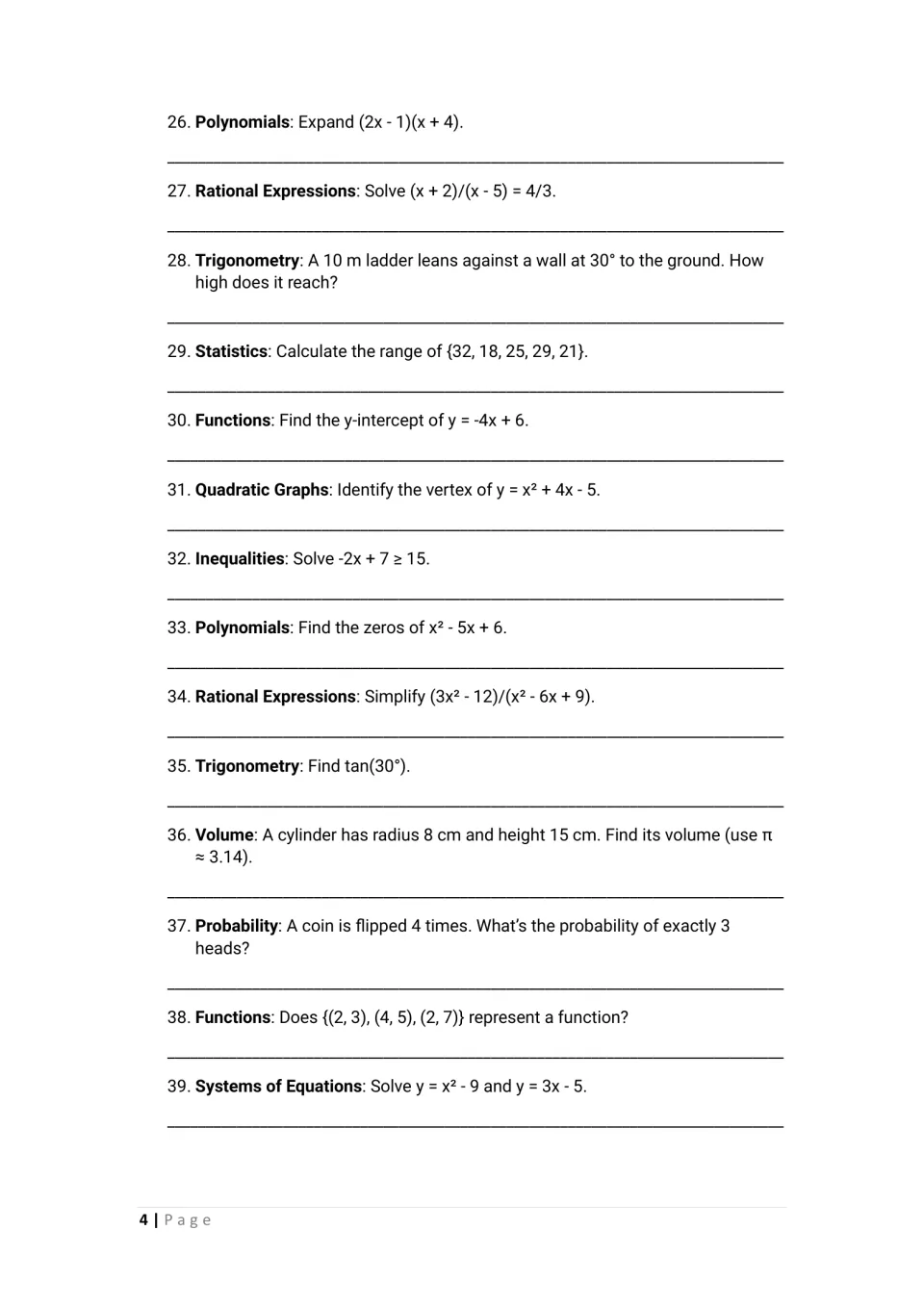 Questions 26-39: students expand polynomials, find a parabola's vertex, use trig ratios and compute probability and range