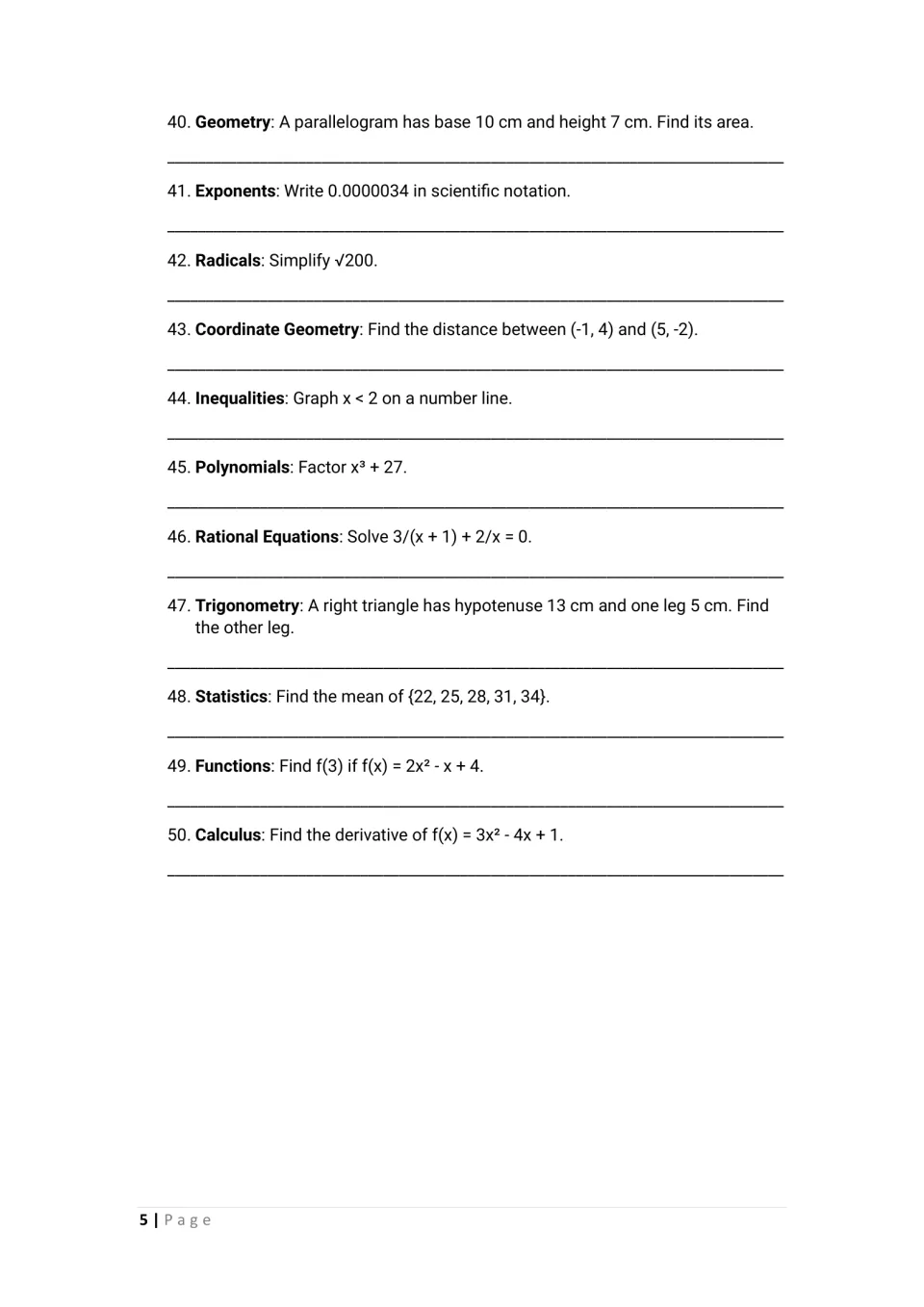 Questions 40-50: students write scientific notation, simplify √200, find distance and a mean, and take a derivative
