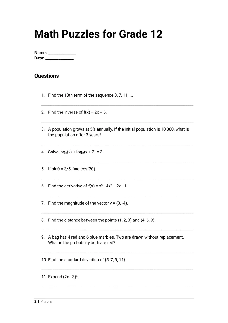 Math problems 1–11: sequences, inverse functions, population growth, logarithms, derivatives, and probability