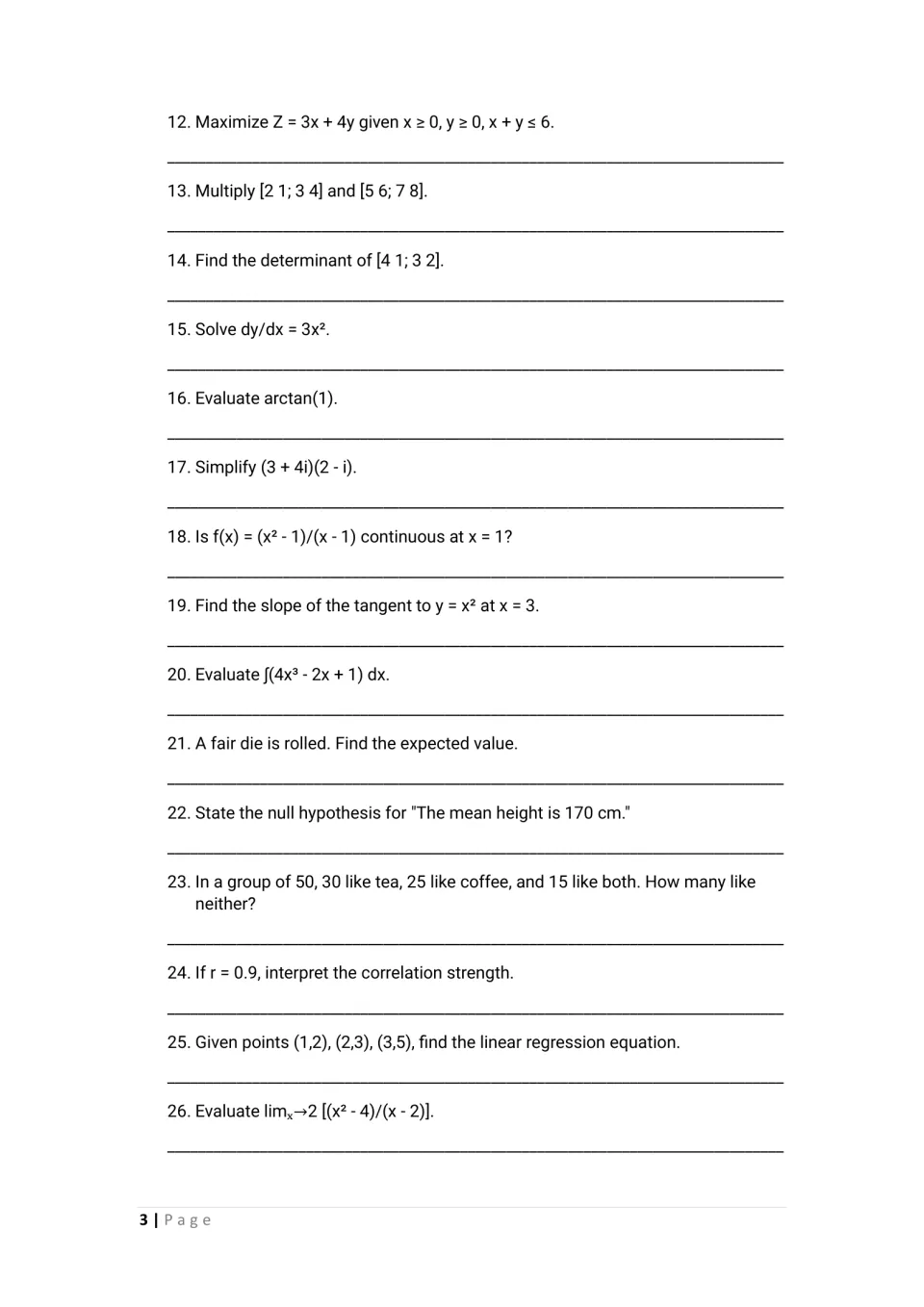 Math problems 12–26: linear programming, matrices, complex numbers, integrals, statistics, and limits