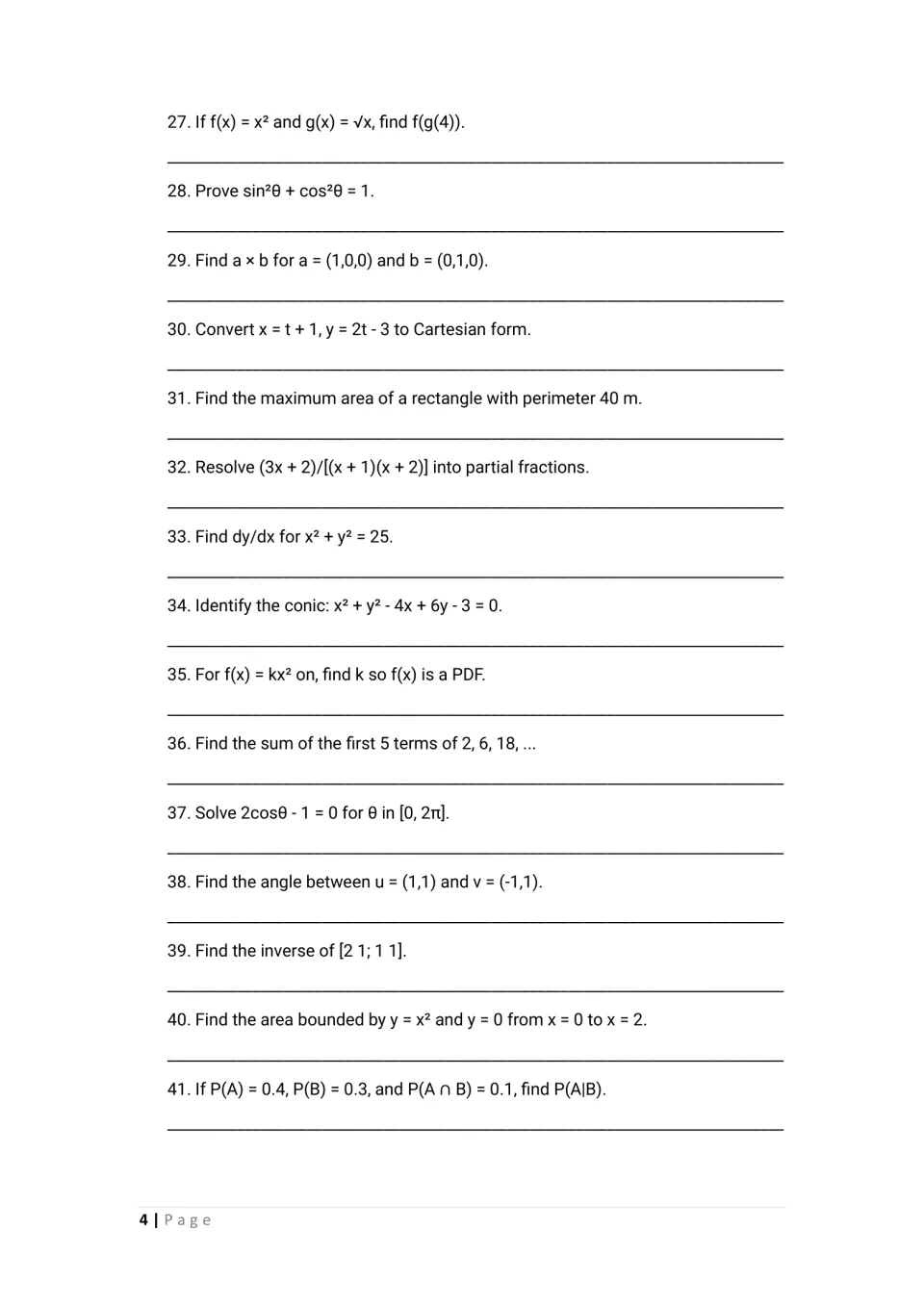 Math problems 27–41: function composition, trigonometry, vectors, partial fractions, and conditional probability