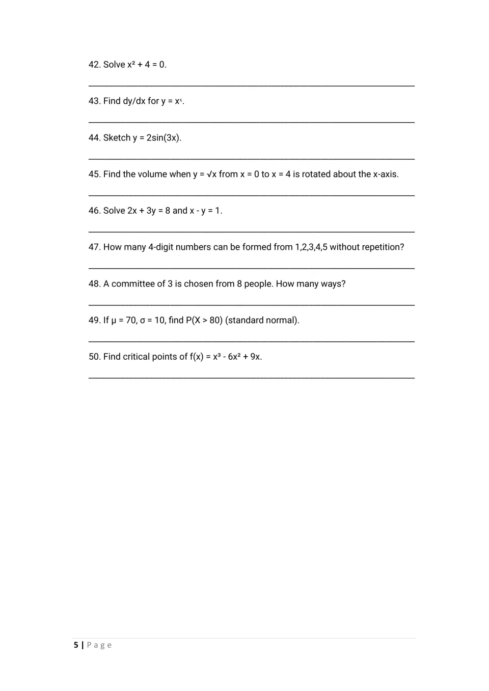 Math problems 42–50: complex roots, derivatives, a sine graph, volume of revolution, and counting problems
