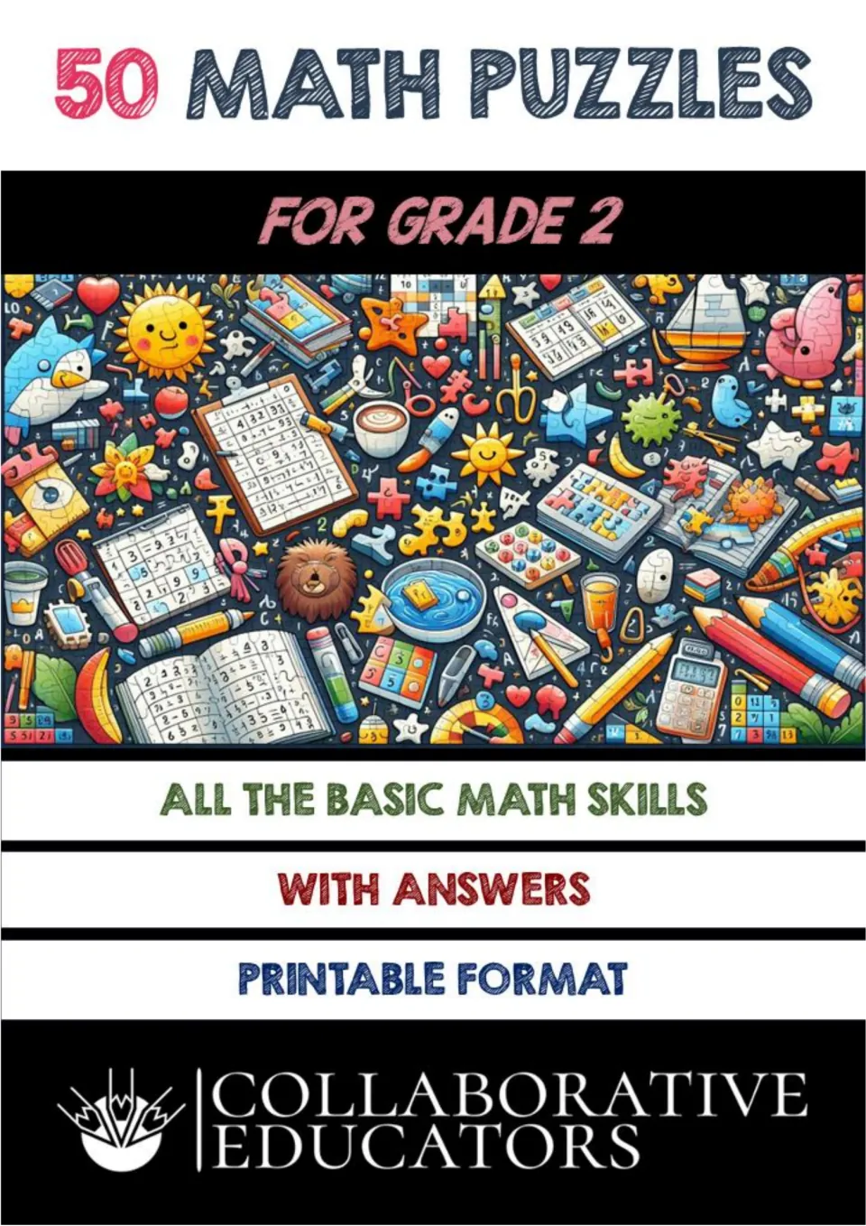 Cover of 50 Math Puzzles for Grade 2 listing basic math skills, answers and printable format over a puzzle collage