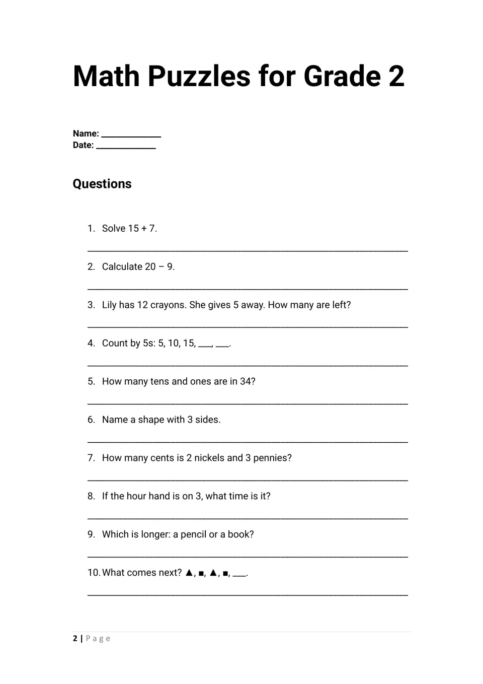 Mixed math questions 1-10: students add, subtract, skip count by 5s, find tens and ones, count coins and tell time