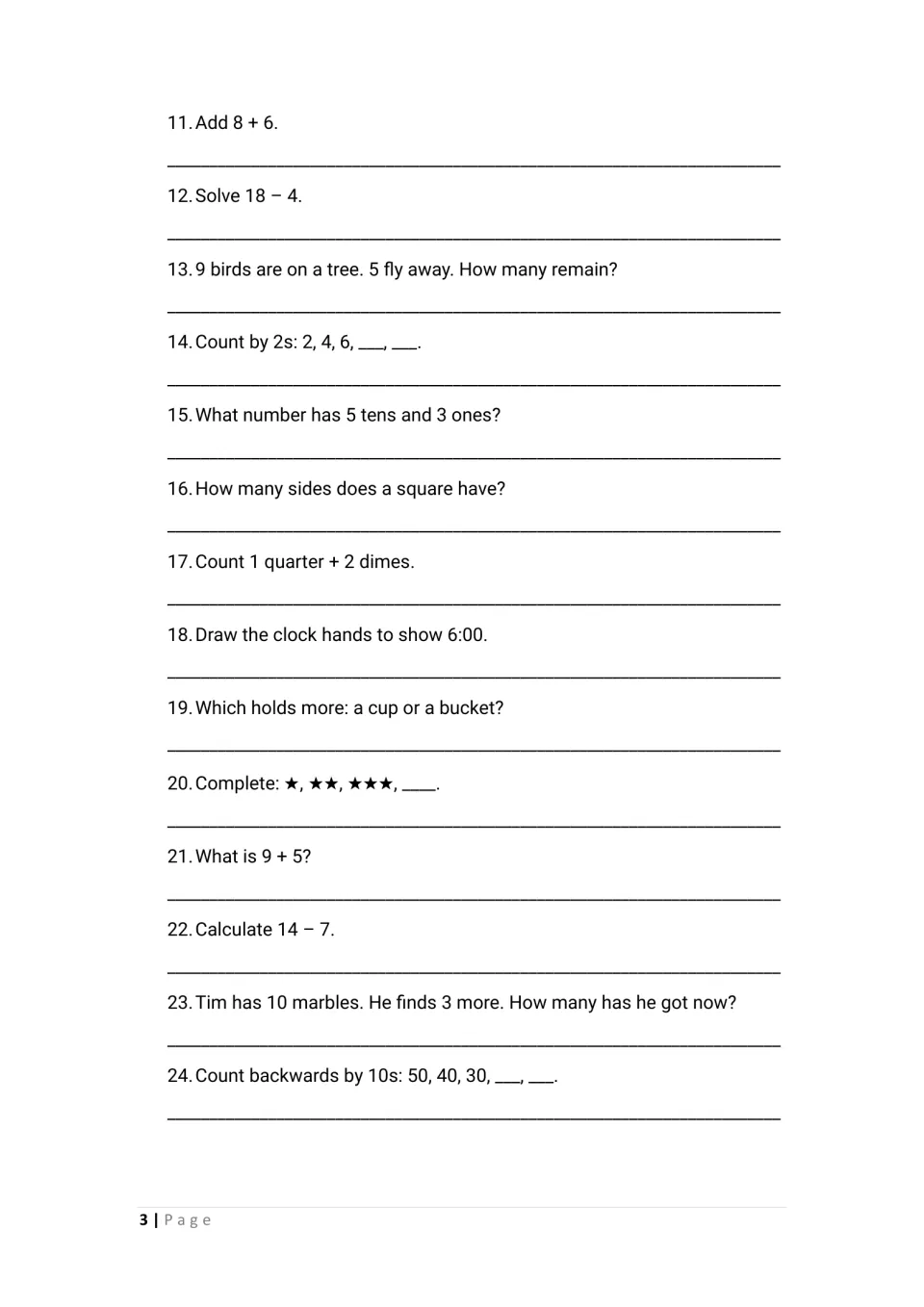 Questions 11-24: addition and subtraction facts, word problems, counting by 2s and back by 10s, coins and clock hands