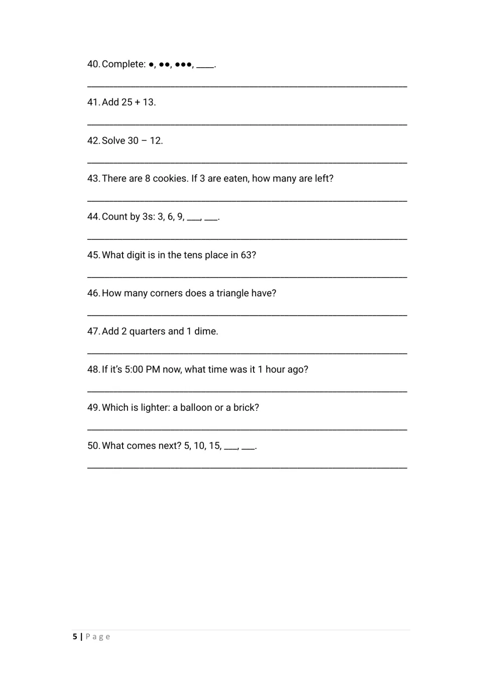 Questions 40-50: dot patterns, two-digit adding and subtracting, counting by 3s, tens place, coin sums and elapsed time