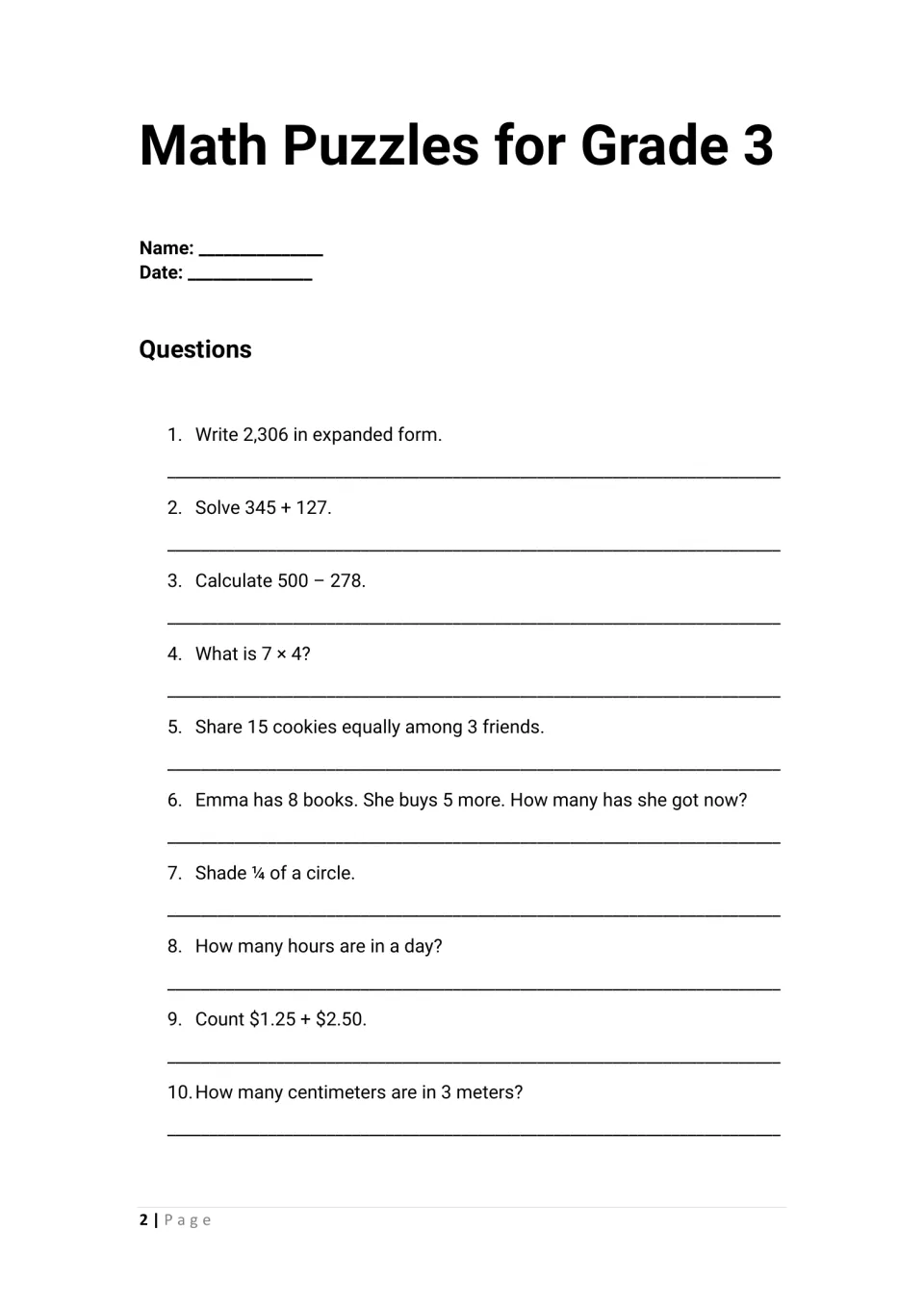 Mixed math review, questions 1-10: students write 2,306 in expanded form, add, subtract, multiply 7 x 4 and share equally