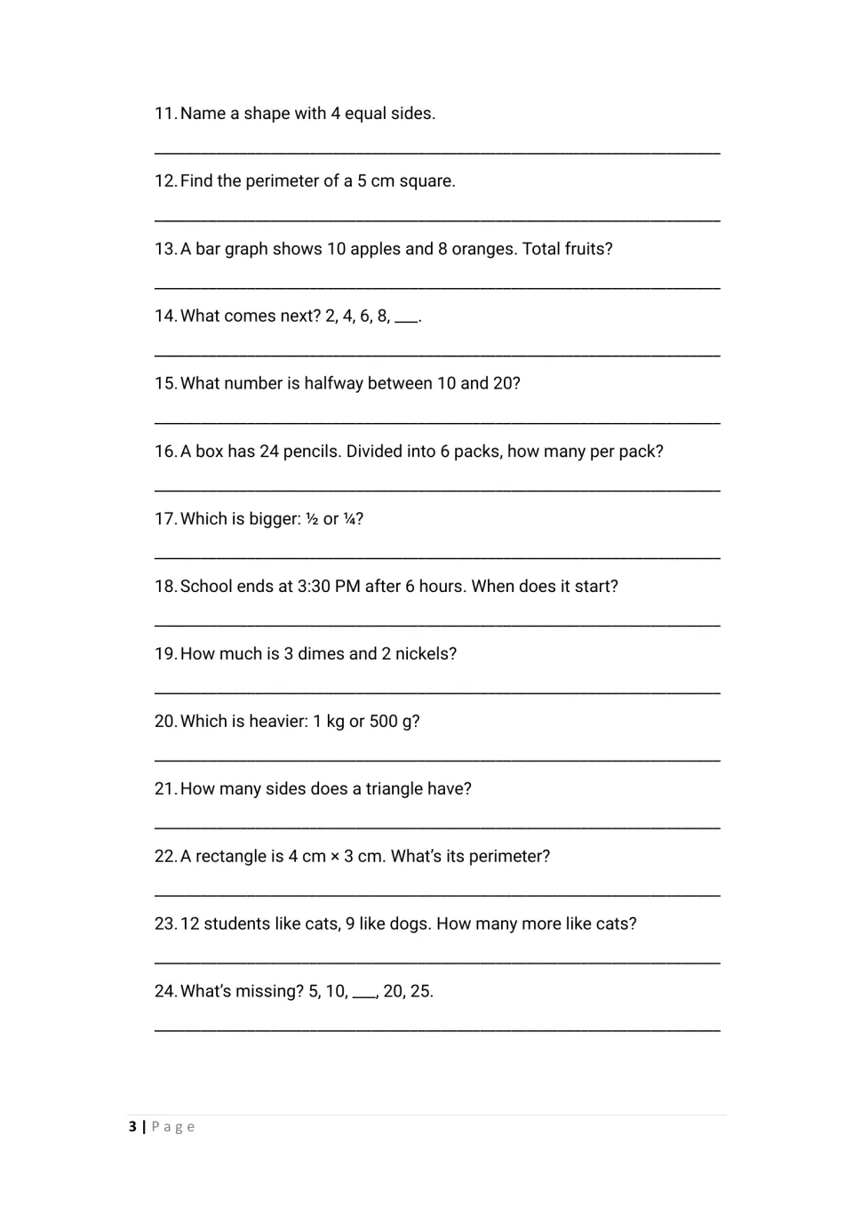 Questions 11-24: students answer shape, perimeter, bar graph, number pattern, fraction, elapsed time, coin and mass items