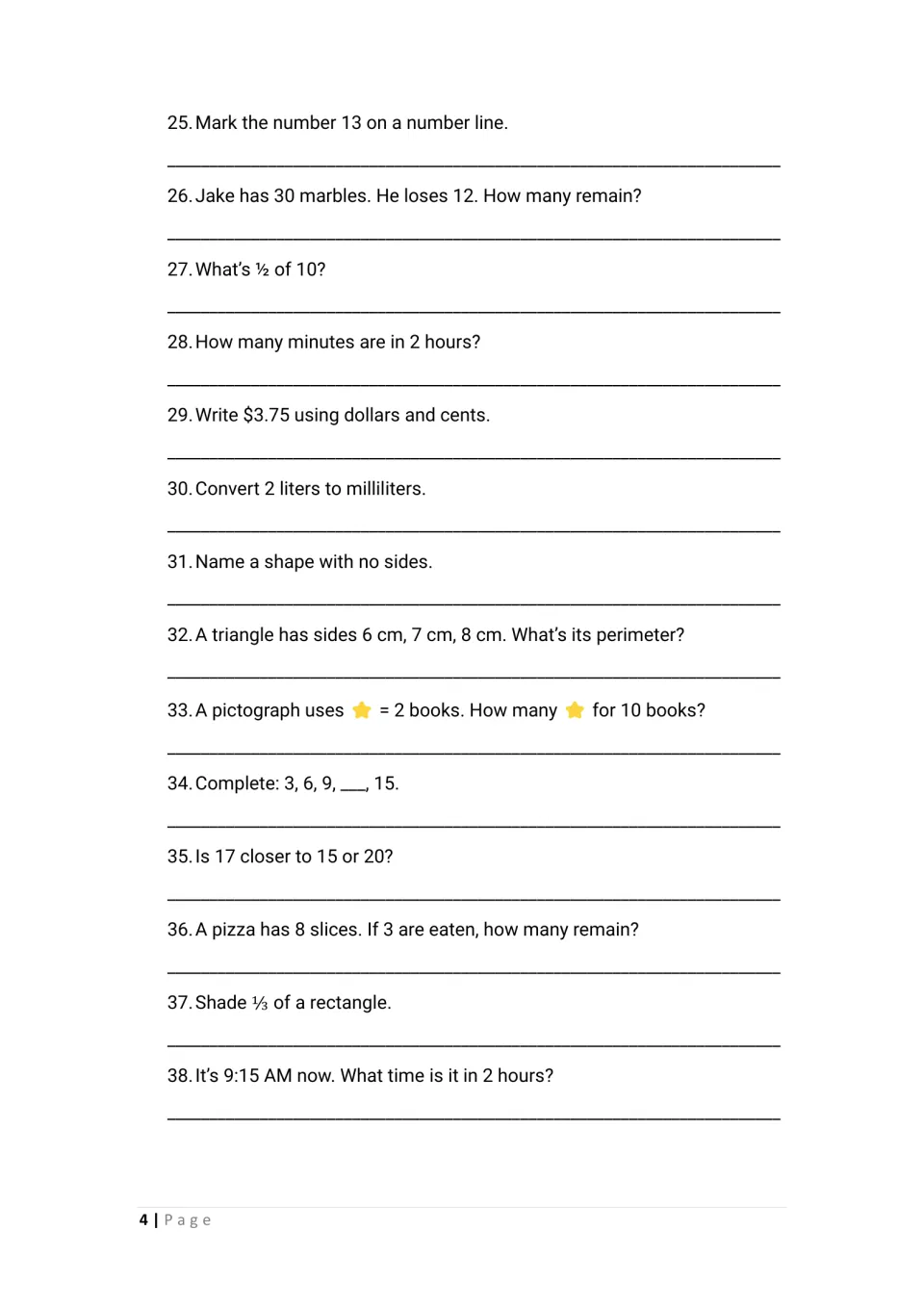 Questions 25-38: students mark a number line, convert liters to milliliters, read a pictograph and shade 1/3 of a rectangle