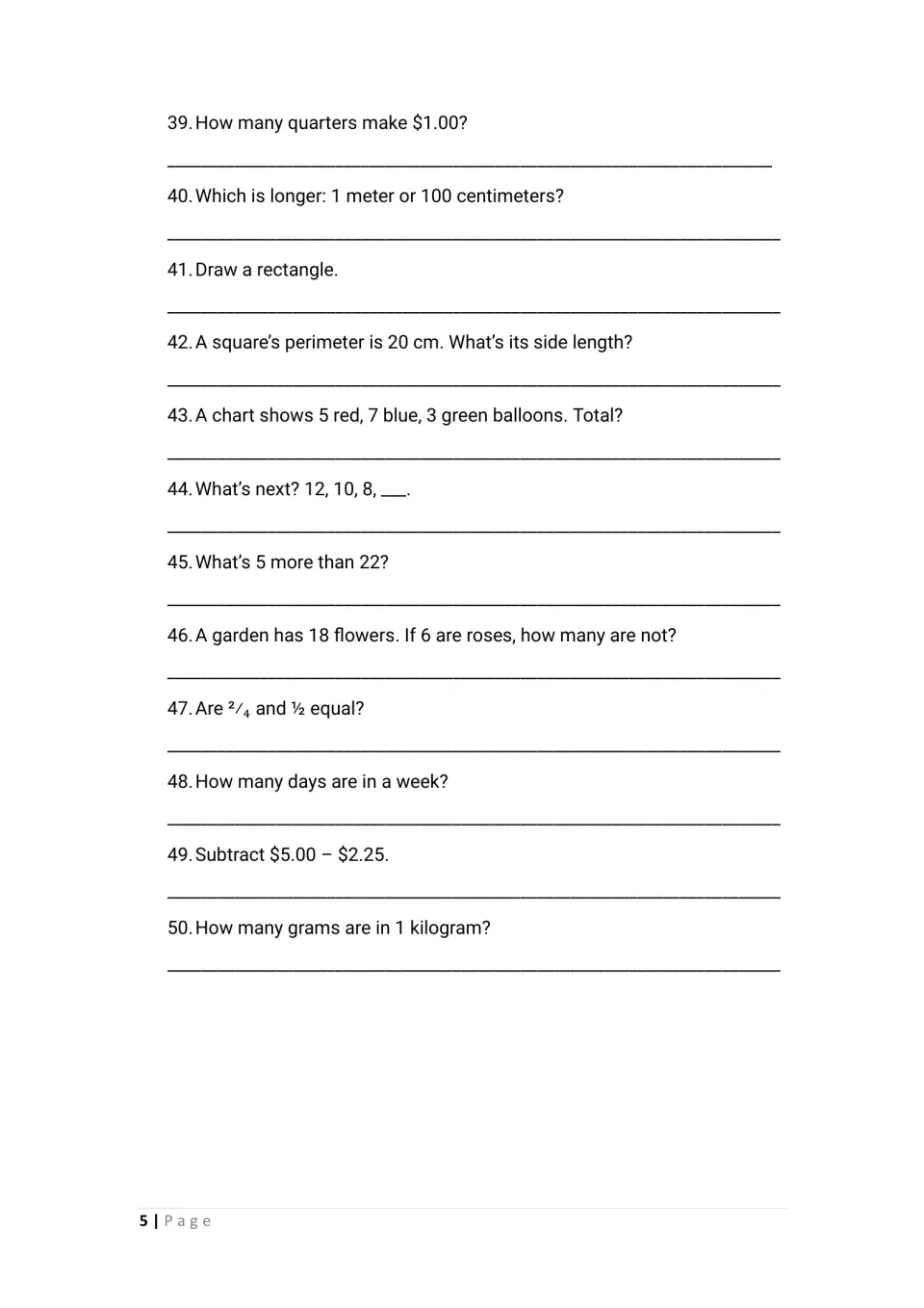 Questions 39-50: students count quarters, find a square's side from its perimeter, compare 2/4 and 1/2 and subtract money