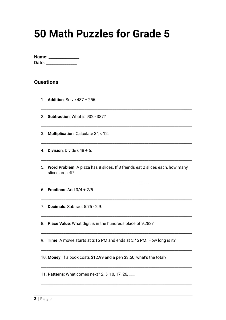 Mixed math review, questions 1-11: students solve addition, subtraction, multiplication, division, fractions, time and money