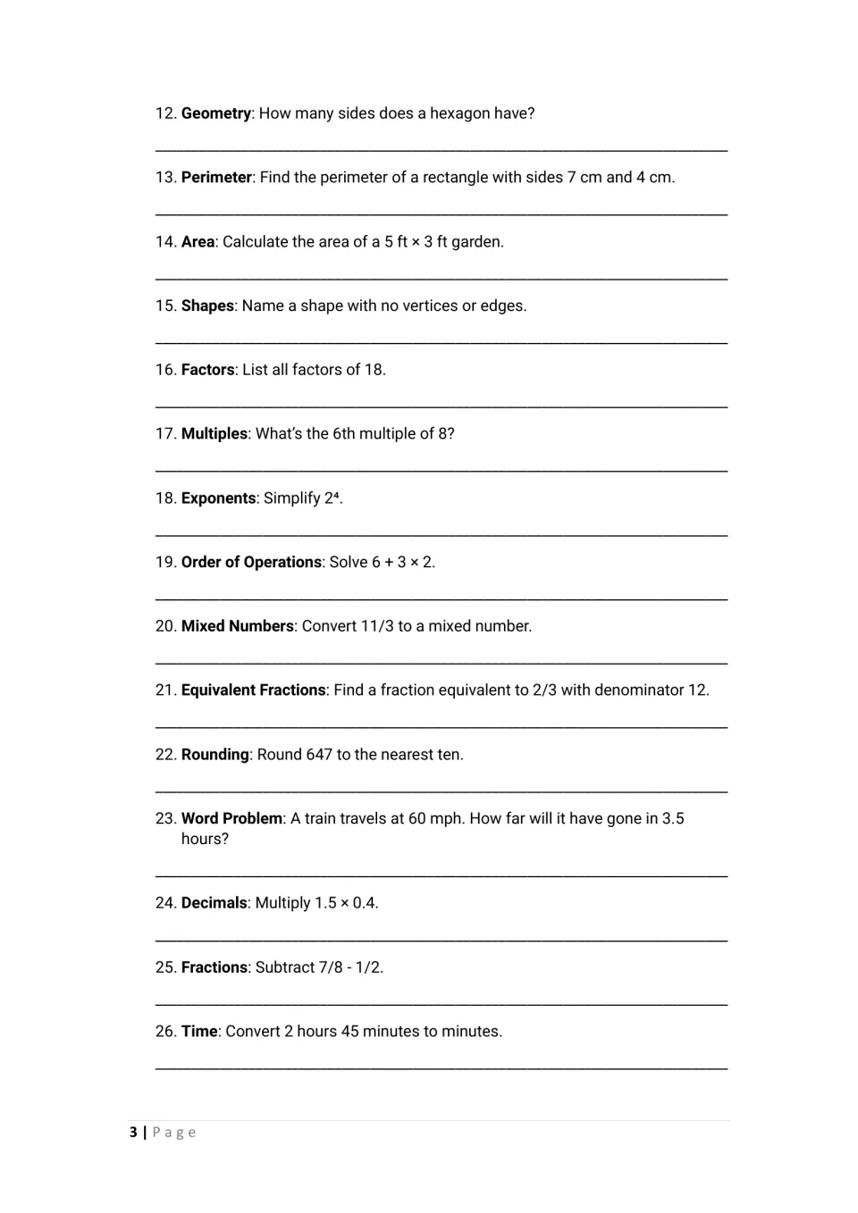 Questions 12-26: geometry, perimeter, area, factors, exponents, order of operations, rounding and decimal problems to solve