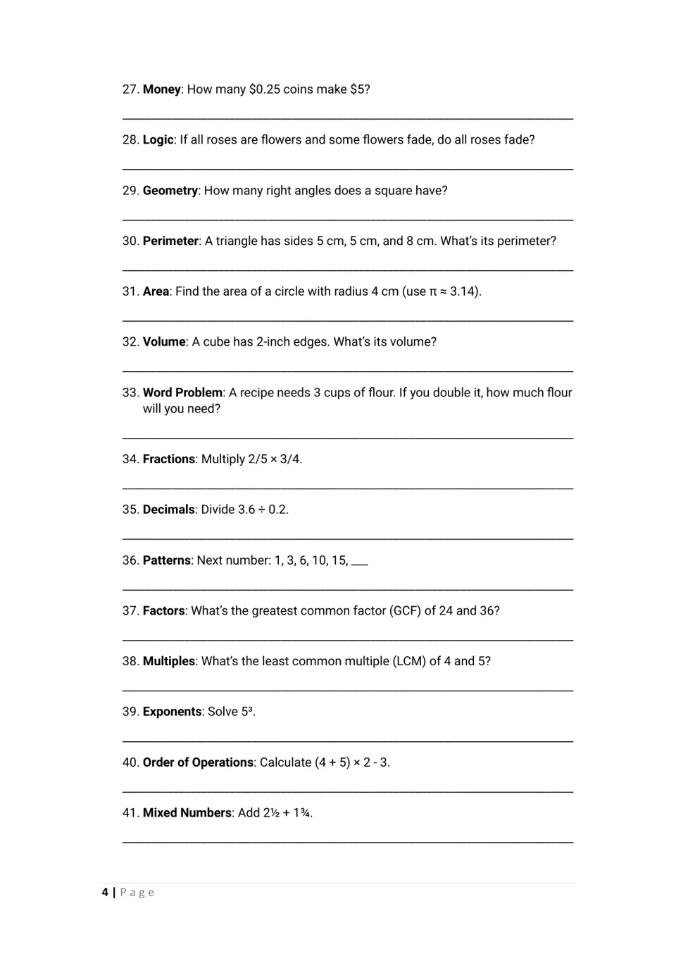 Questions 27-41: money, logic, circle area, cube volume, GCF, LCM, number patterns and adding mixed numbers to work out